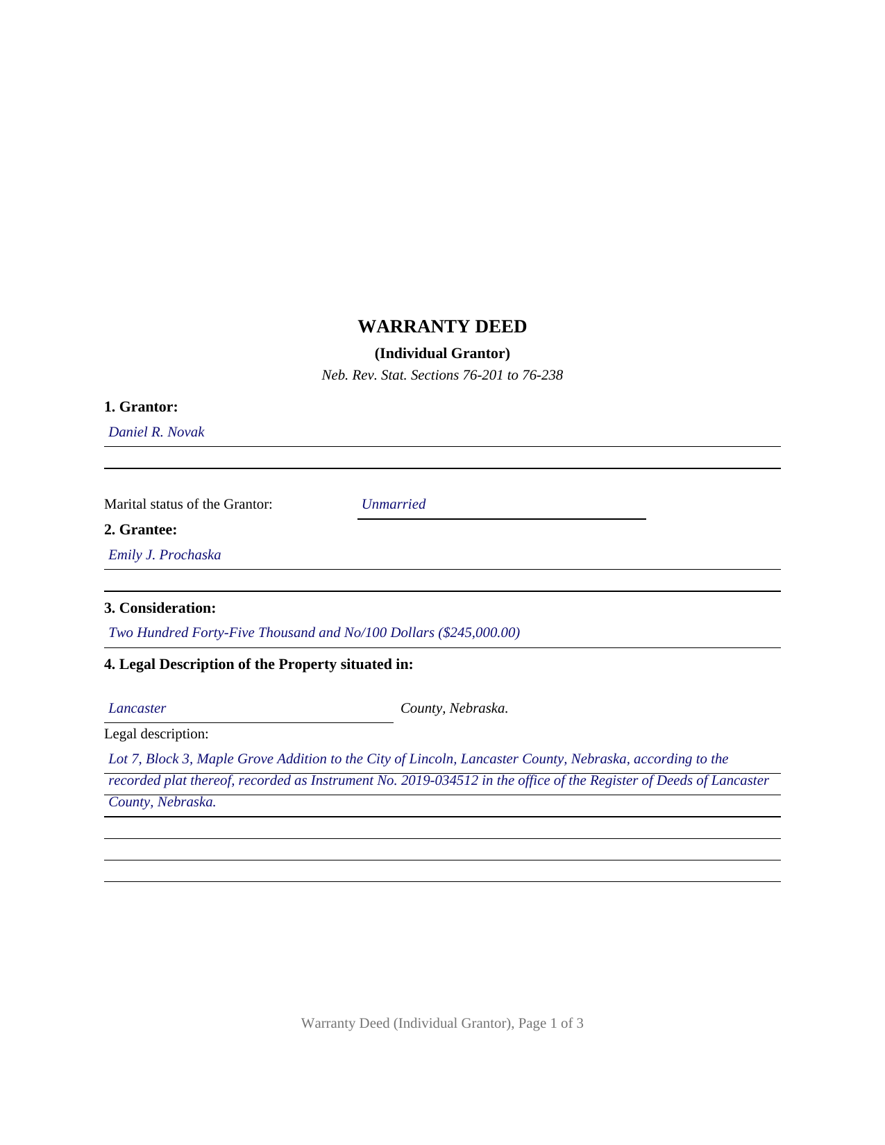 Cheyenne County Completed Example of the Warranty Deed (Individual Grantor) Document