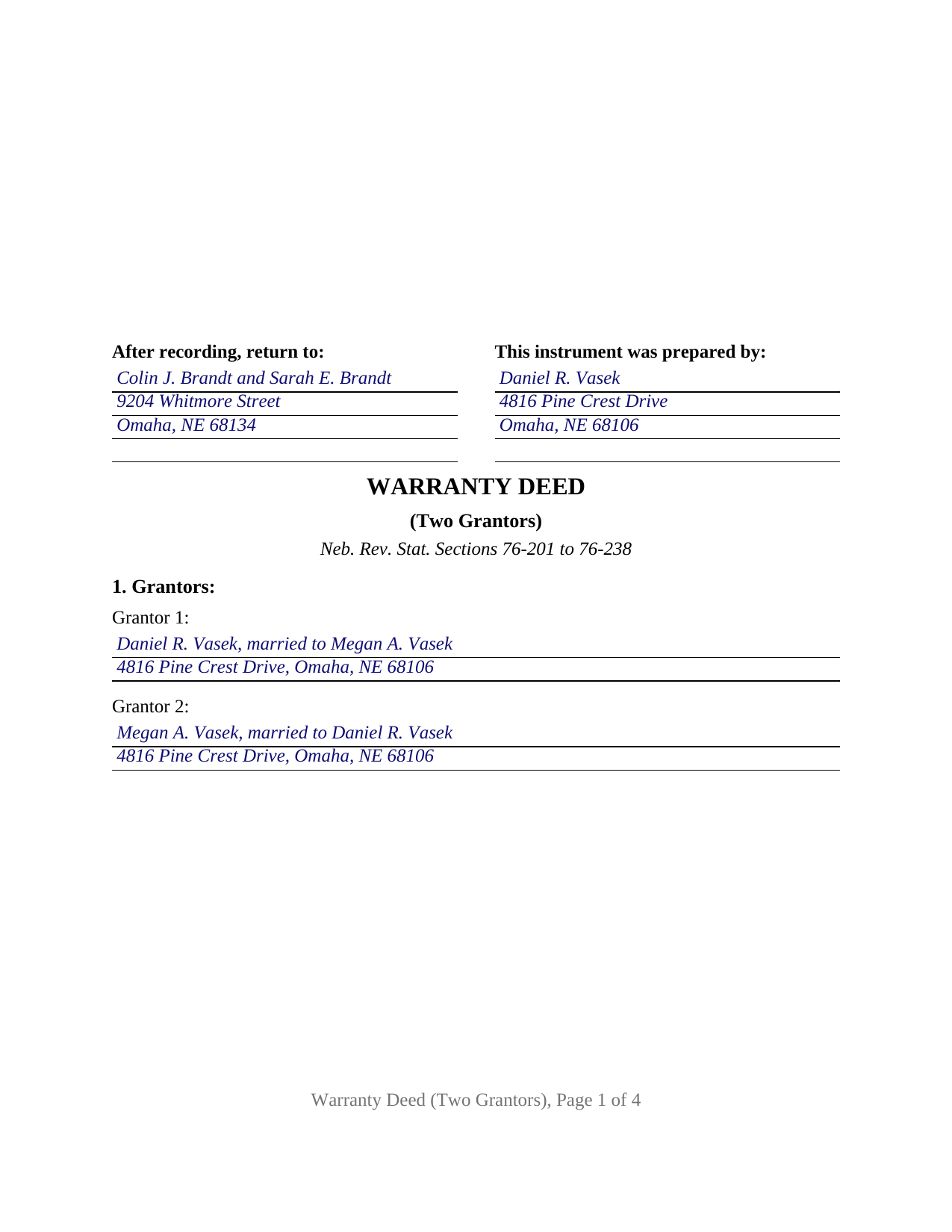 Sherman County Completed Example of the Warranty Deed (Two Grantors) Document