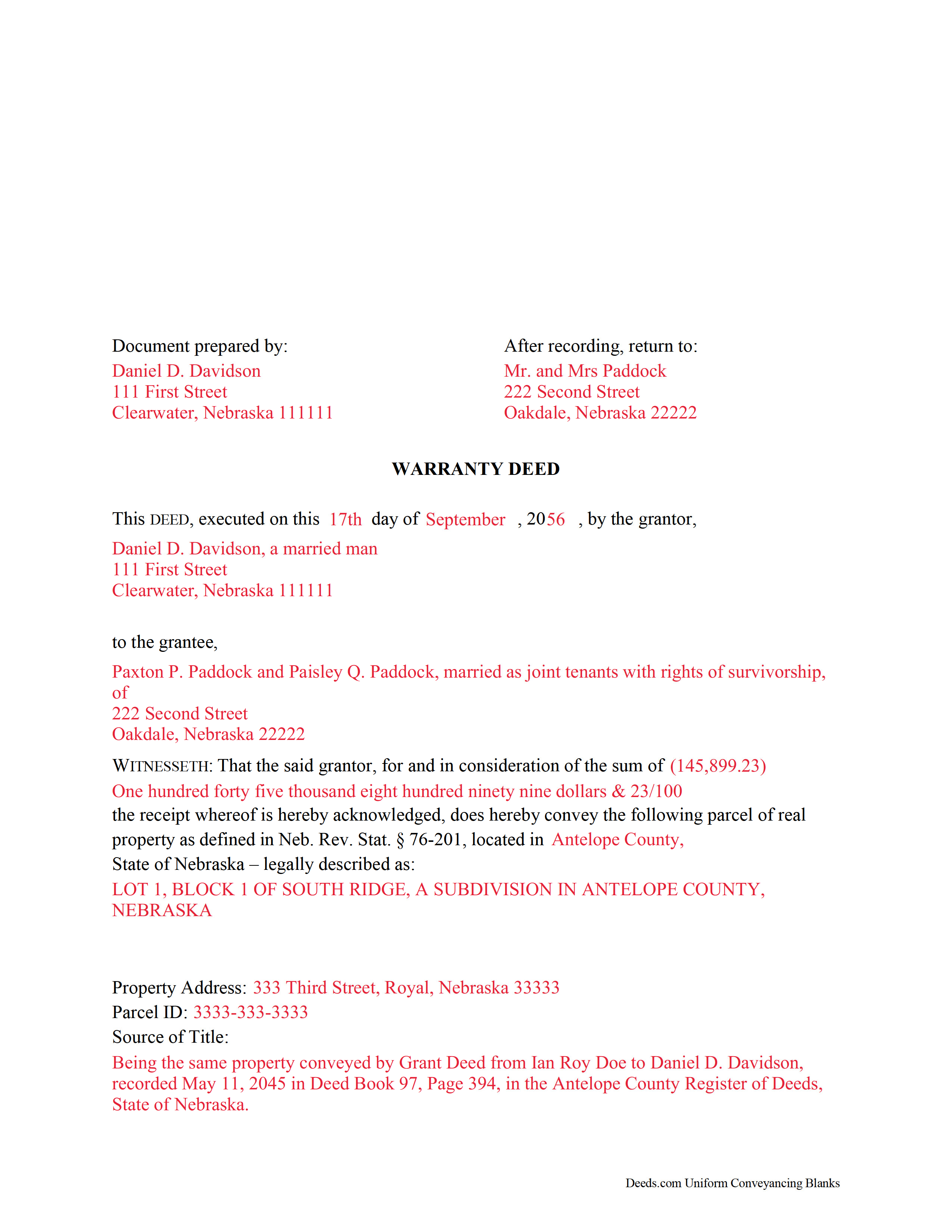 Cuming County Completed Example of the Warranty Deed Document