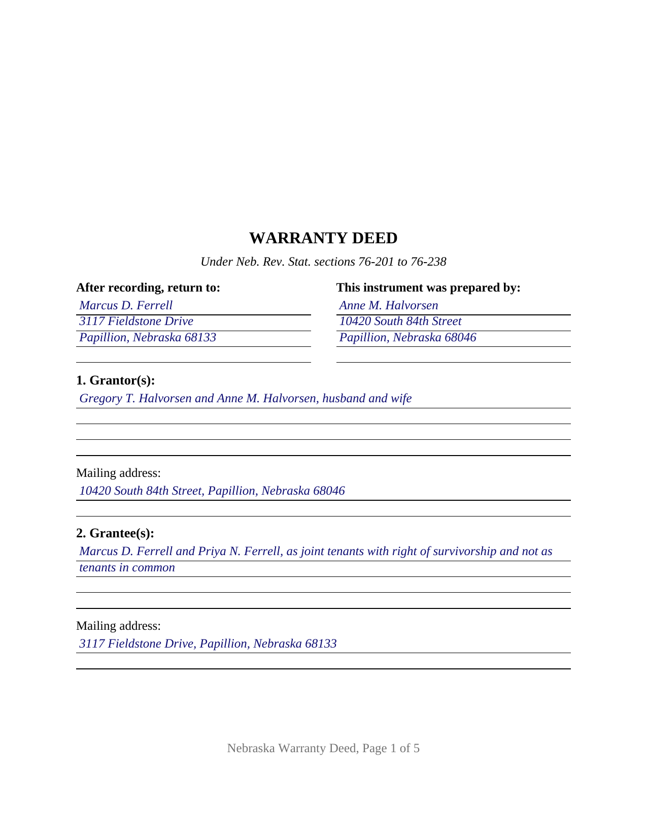 Colfax County Completed Example of the Warranty Deed Document