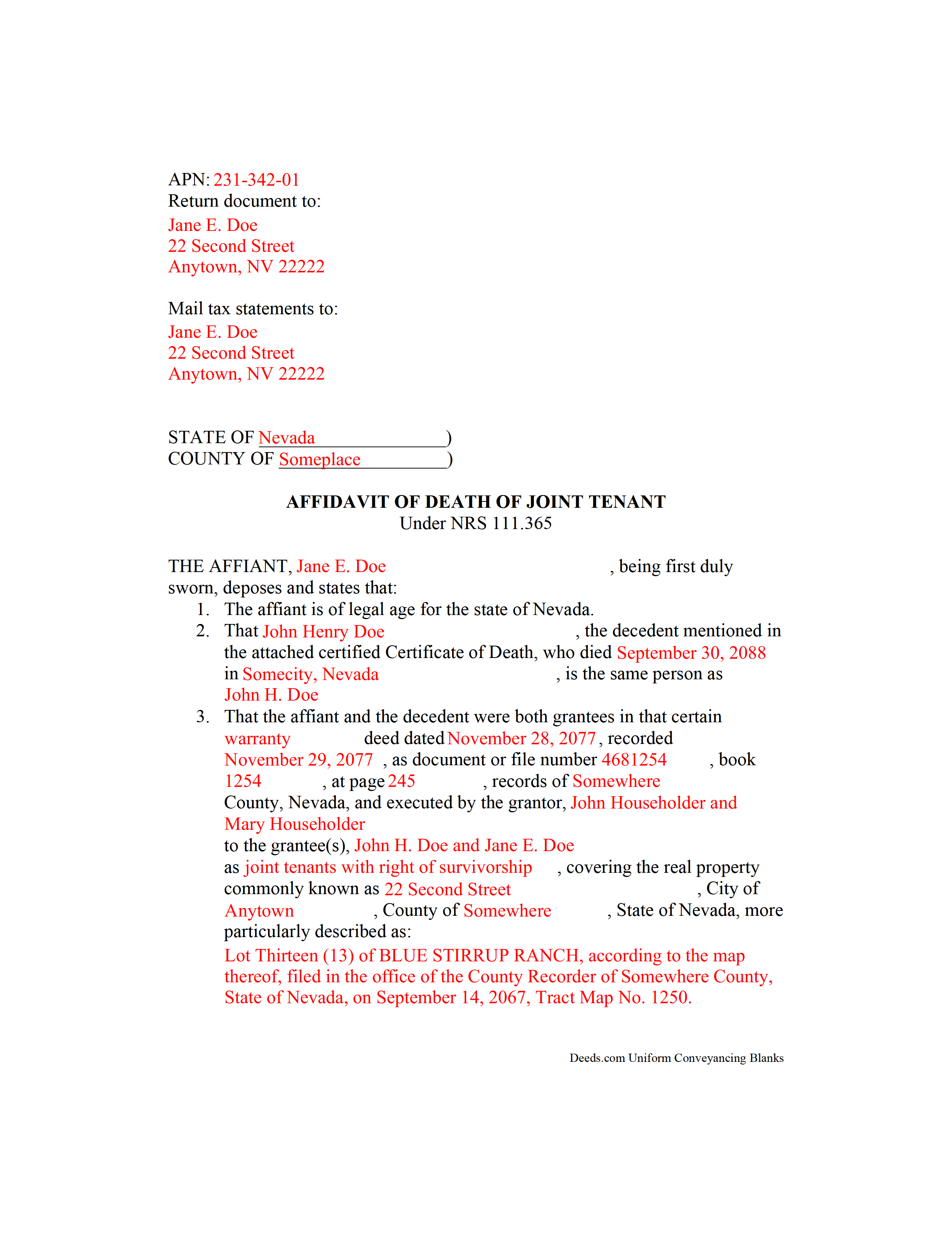 Clark County Completed Example of the Affidavit of Death <a href=
