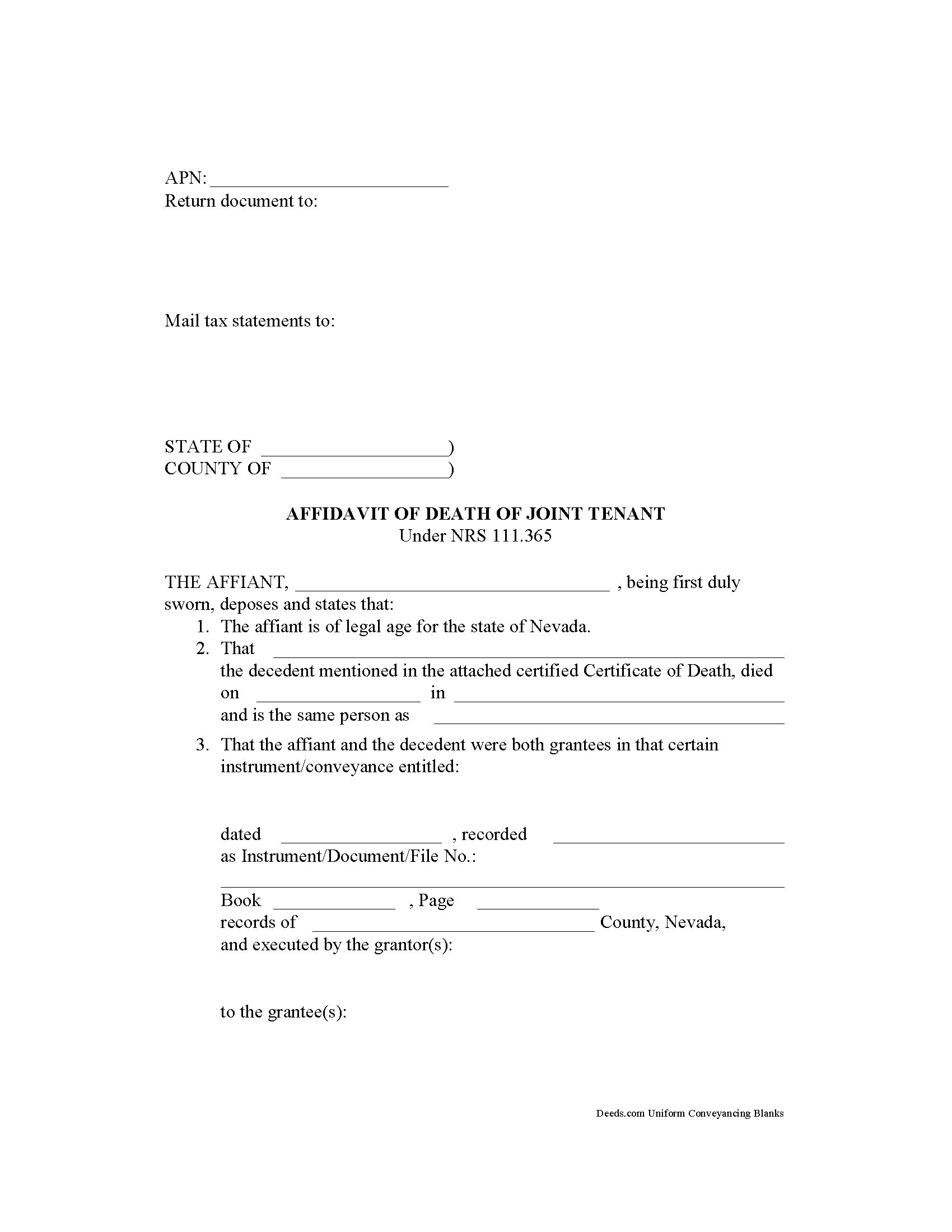 Carson City Affidavit of Death of Joint Tenant Form