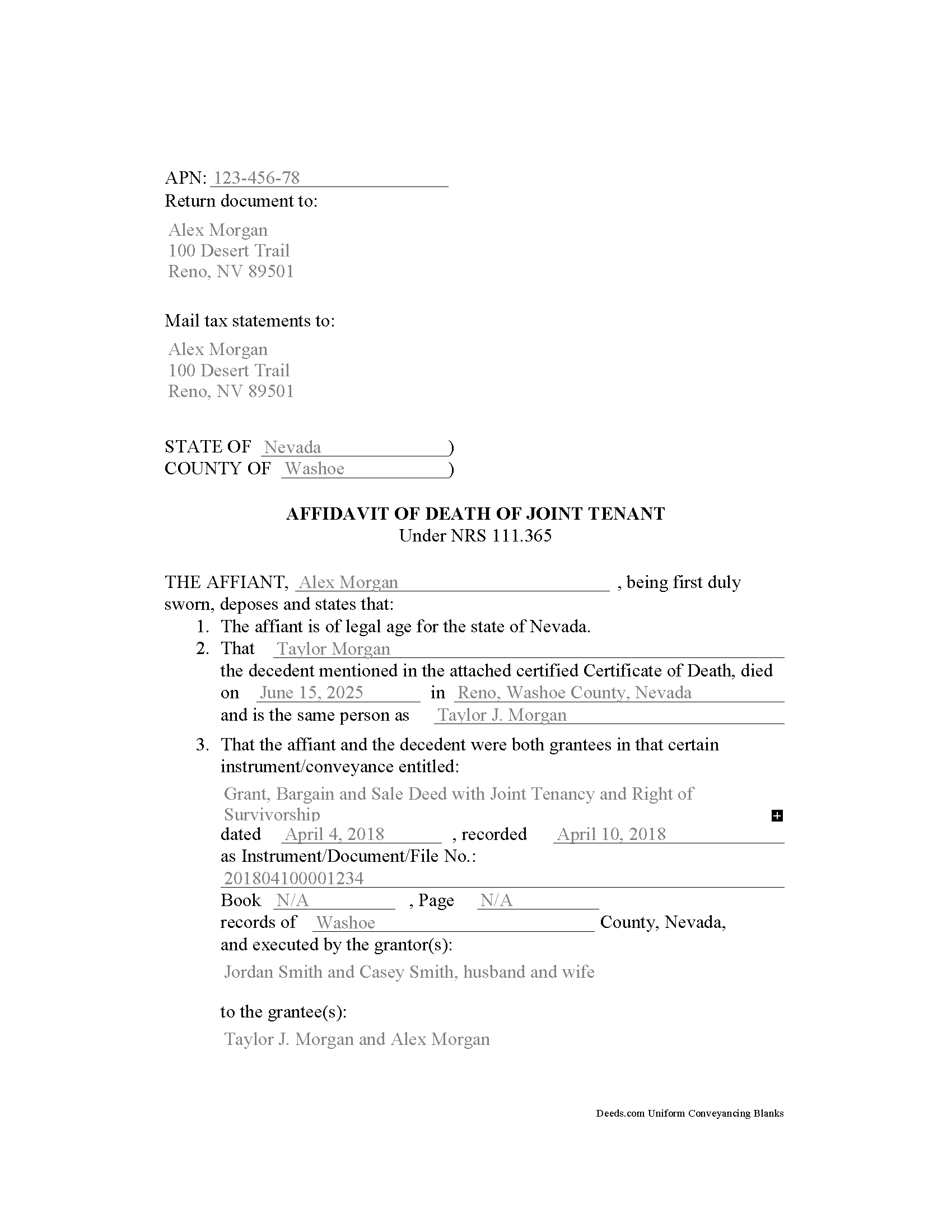 Carson City Completed Example of the Affidavit of Death of Joint Tenant Document