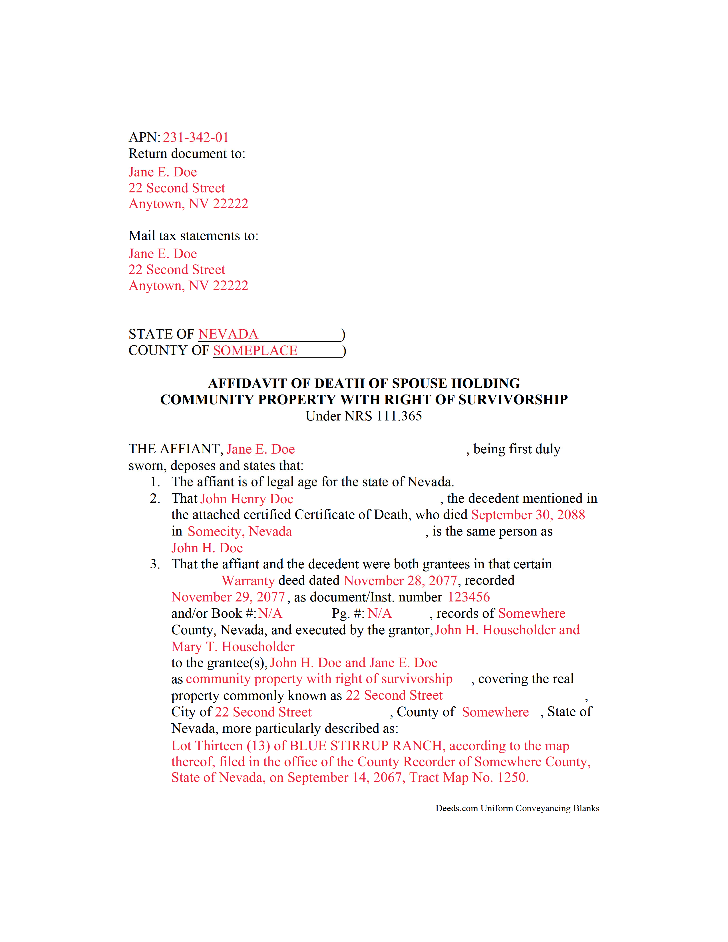 Nye County Completed Example of the Affidavit of Death Document
