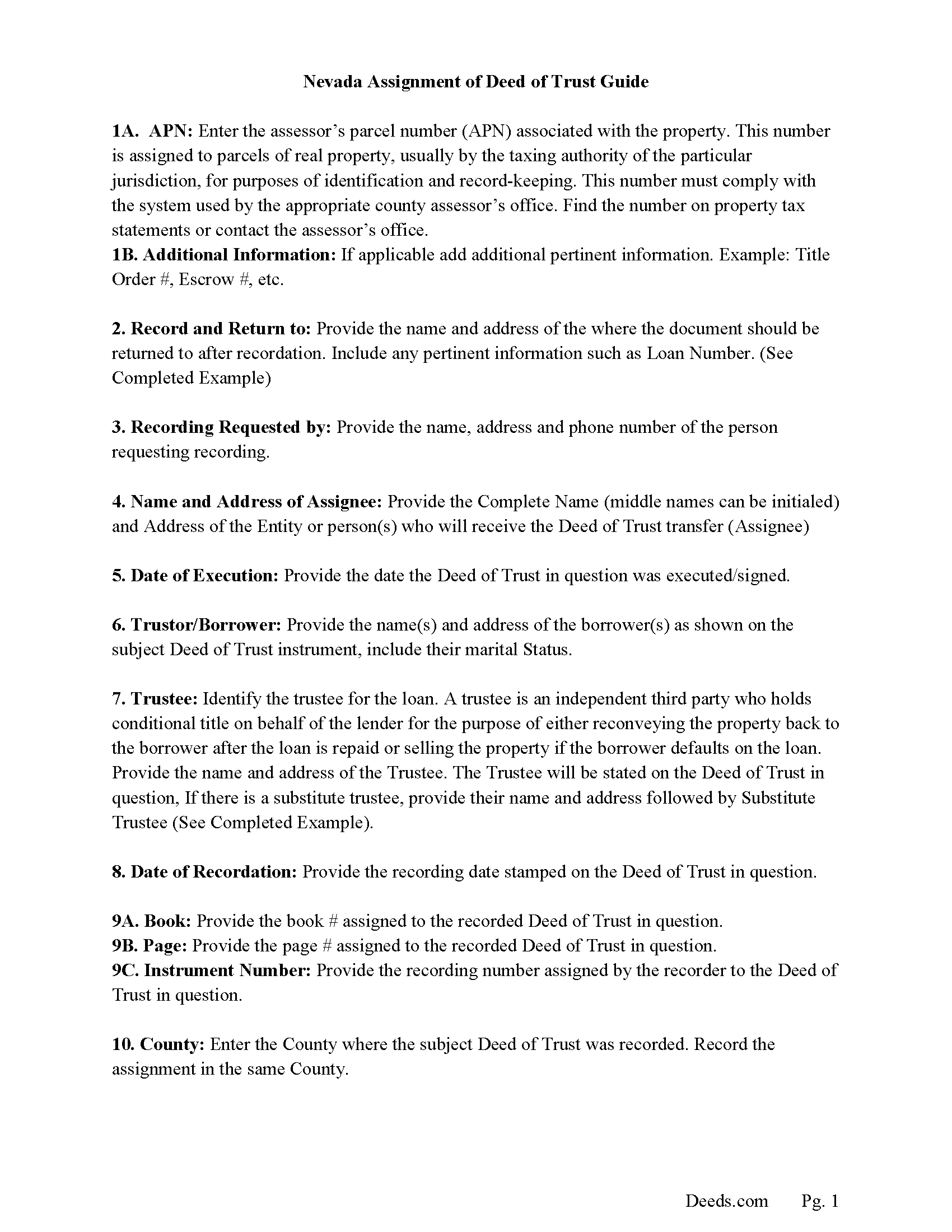 Nye County Guidelines for Assignment of Deed of Trust