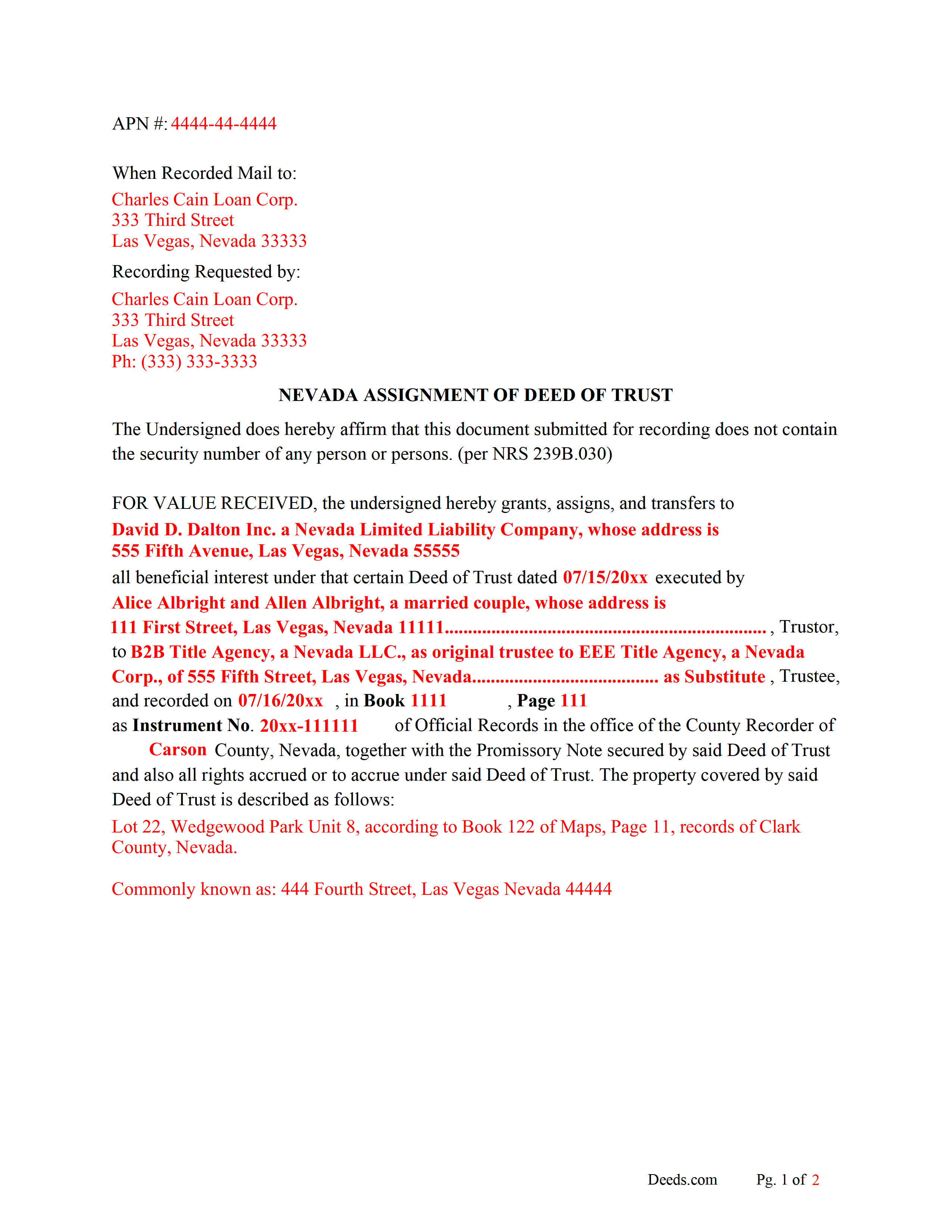 Nye County Completed Example of the Assignment of Deed of Trust Document