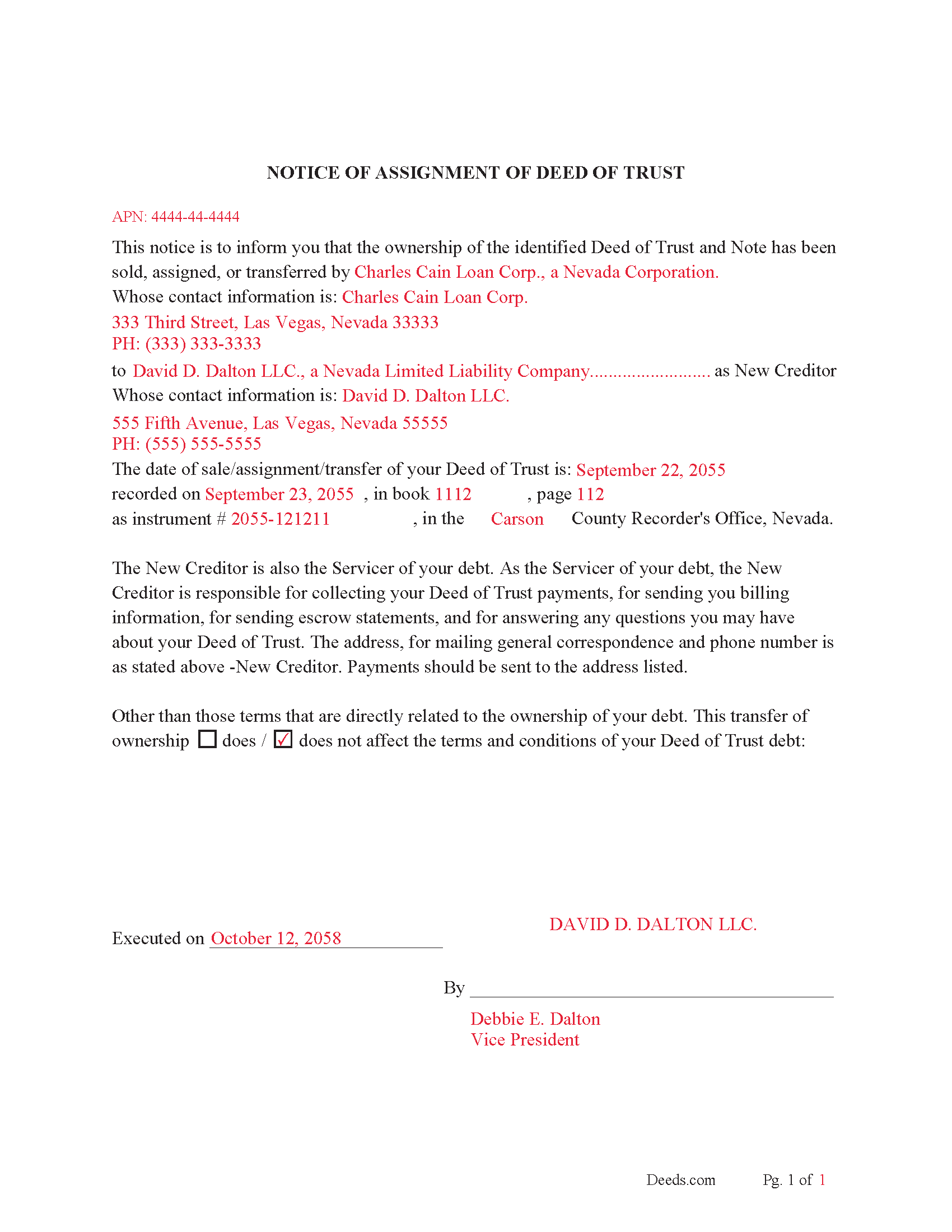 Nye County Completed Example of Notice of Assignment Document