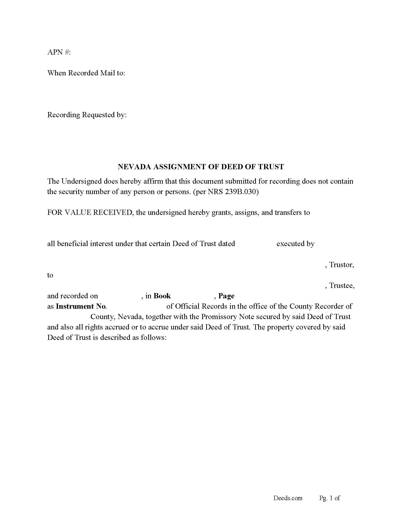 Assignment of Deed of Trust Form