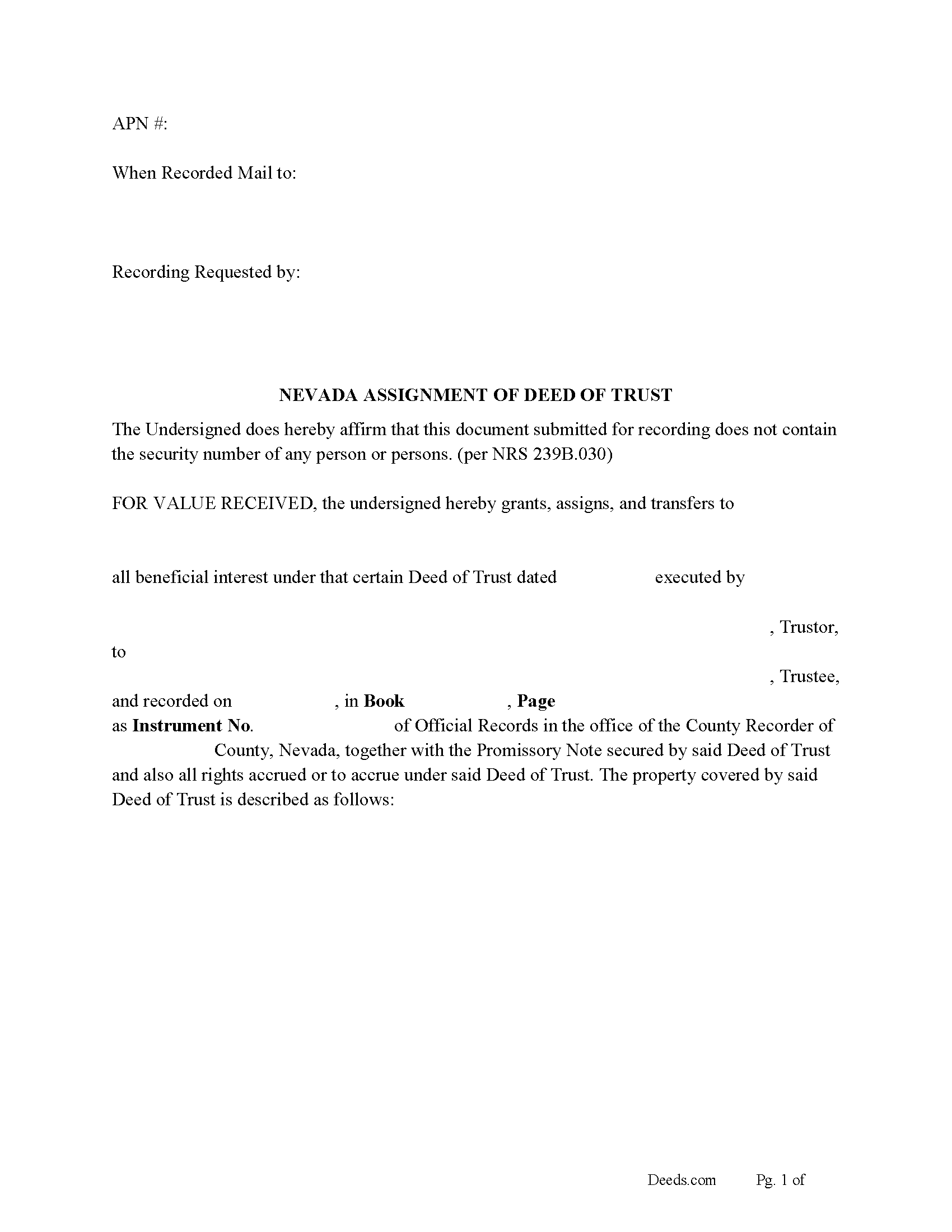 Nye County Assignment of Deed of Trust Form