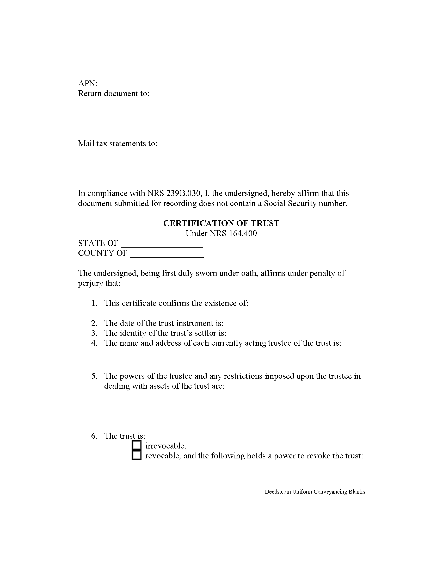 Nye County Certificate of Trust Form