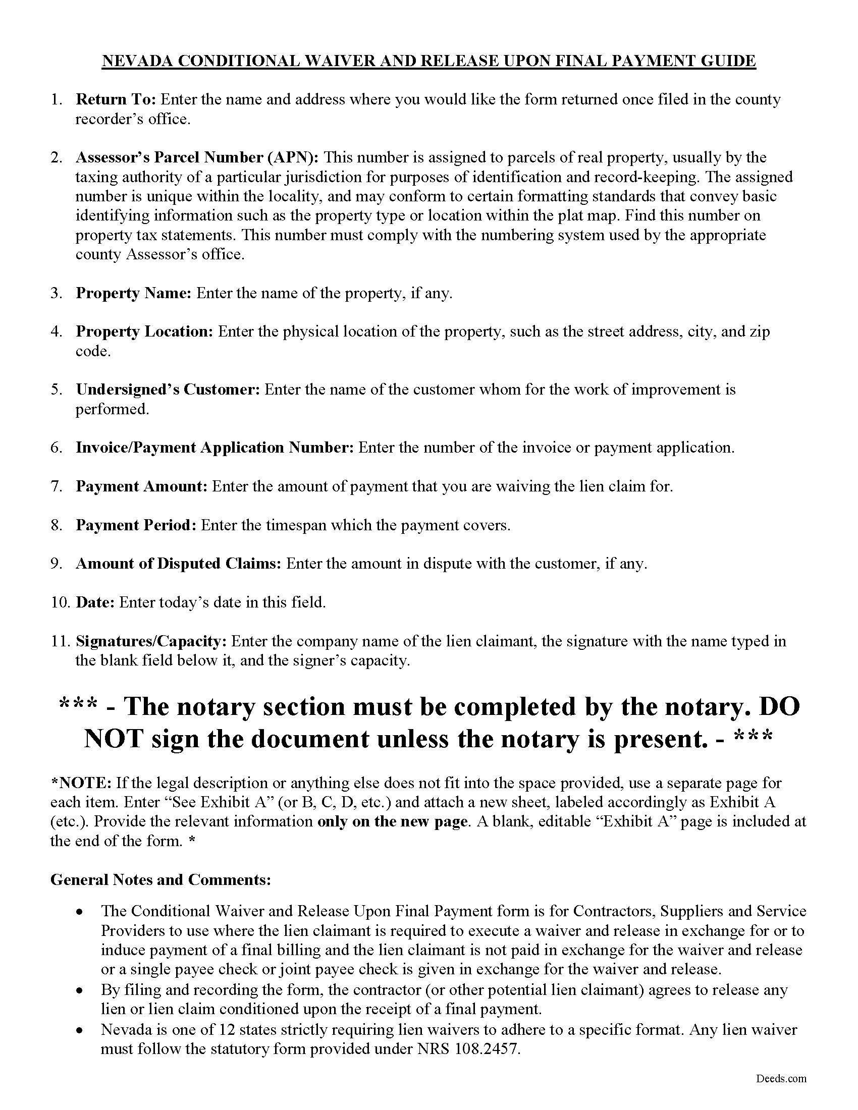 Nye County Conditional Final Waiver of Lien Guide