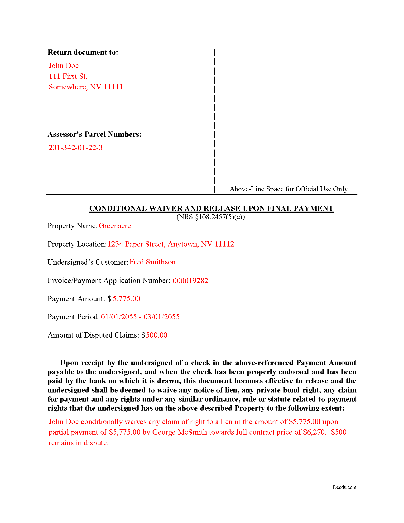 Completed Example of the Conditional Final Waiver of Lien Document