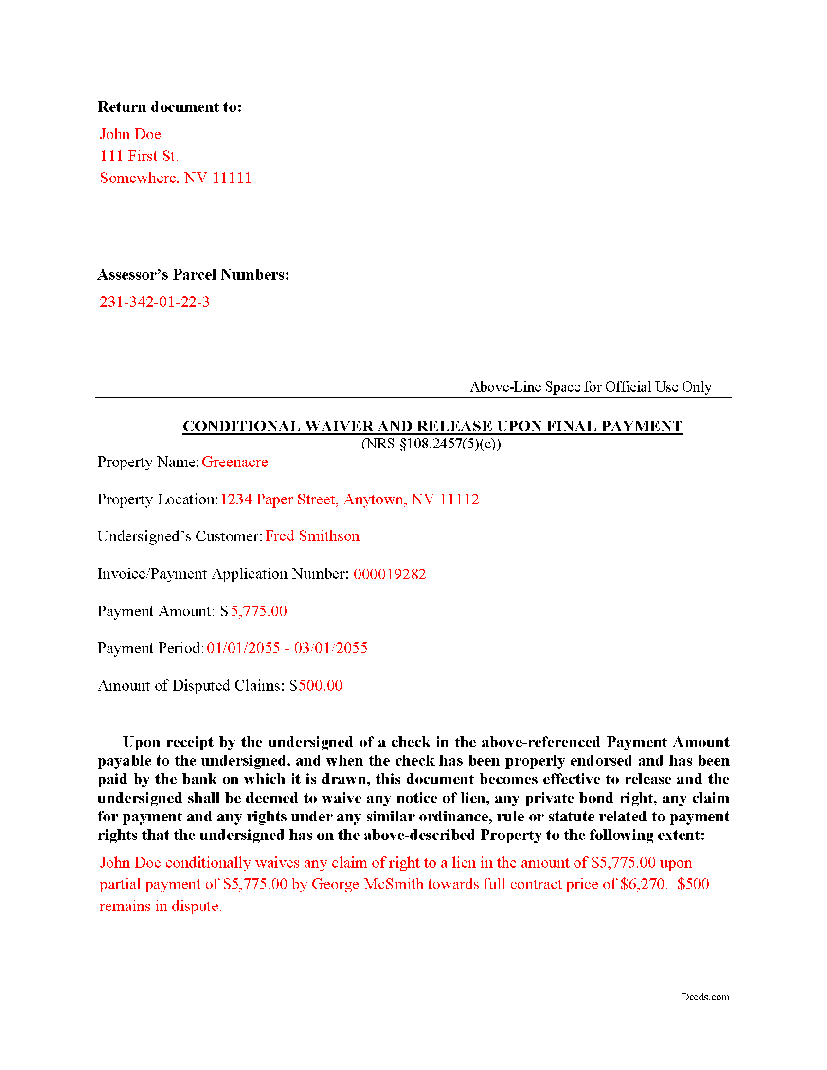 Nye County Completed Example of the Conditional Final Waiver of Lien Document