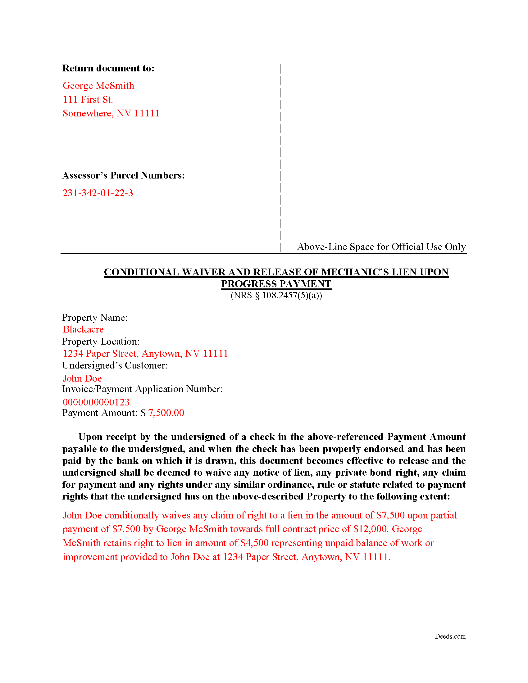 Nye County Completed Example of the Conditional Waiver upon Progress Document