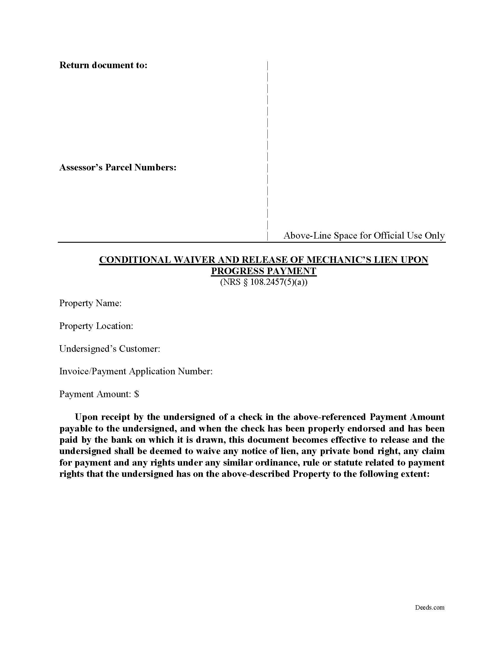 Nye County Conditional Waiver upon Progress Form