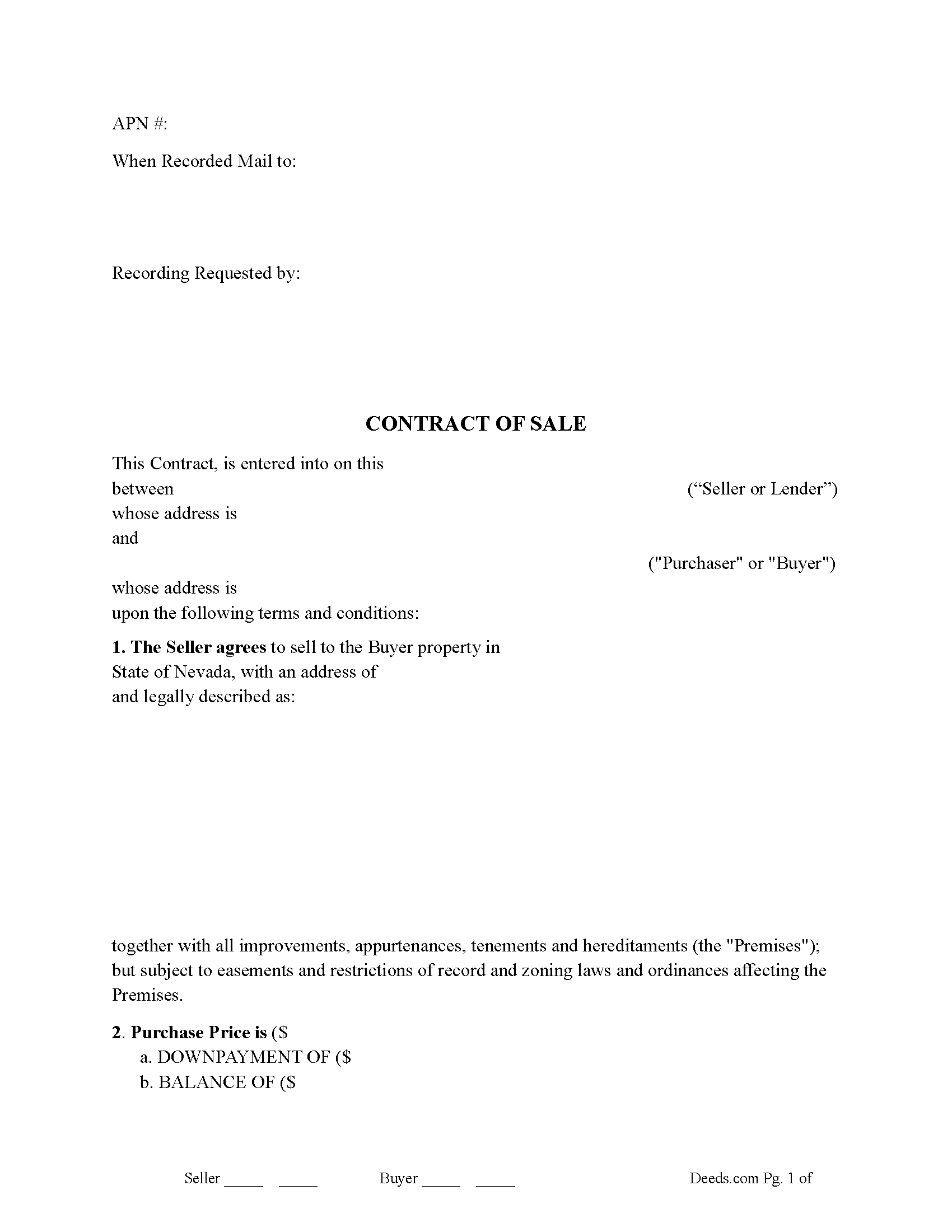 Carson City Contract of Sale Form