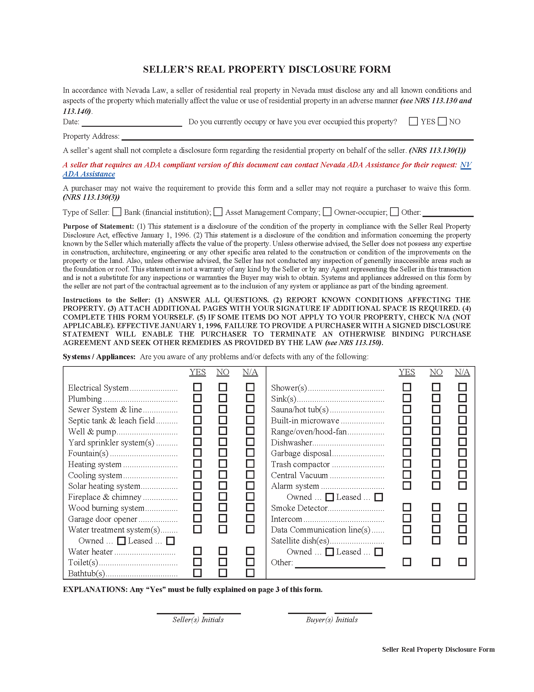 Carson City Sellers Residential Property Disclosure Form