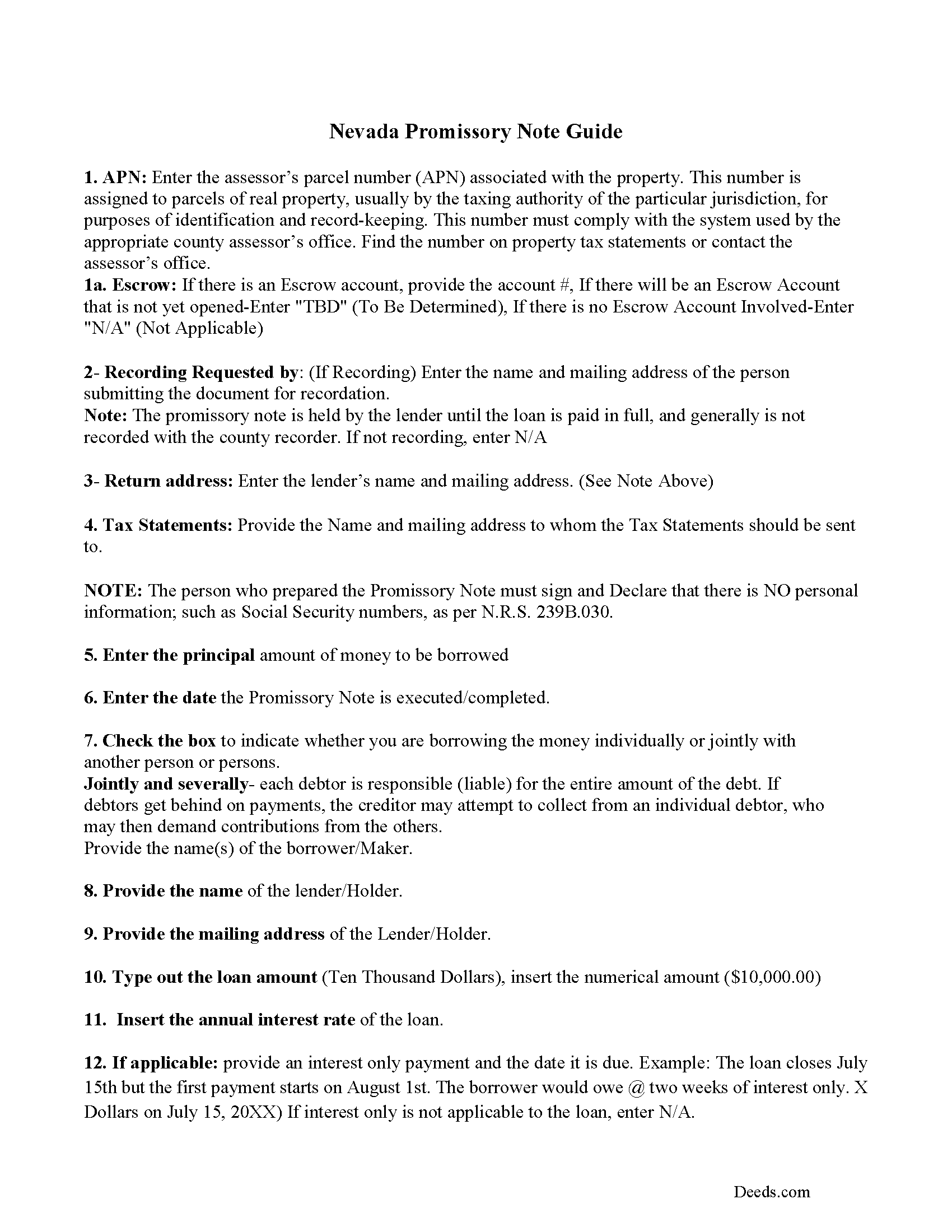 Nye County Promissory Note Guidelines