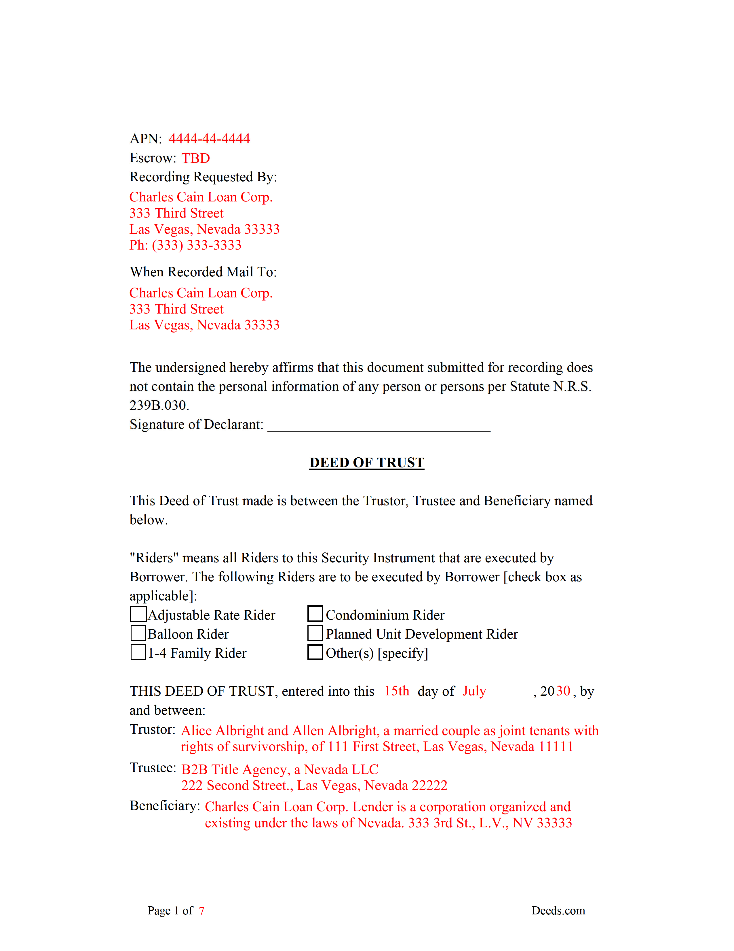 Nye County Completed Example of the Deed of Trust
