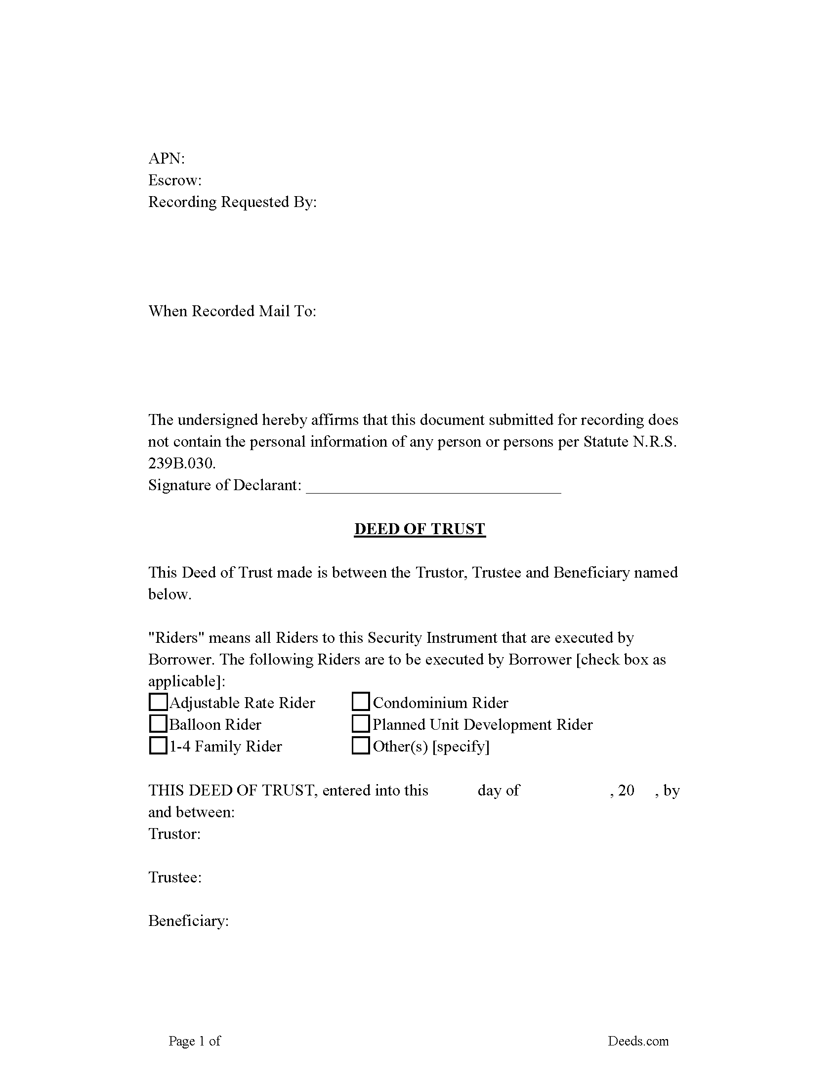 Nye County Deed of Trust Form