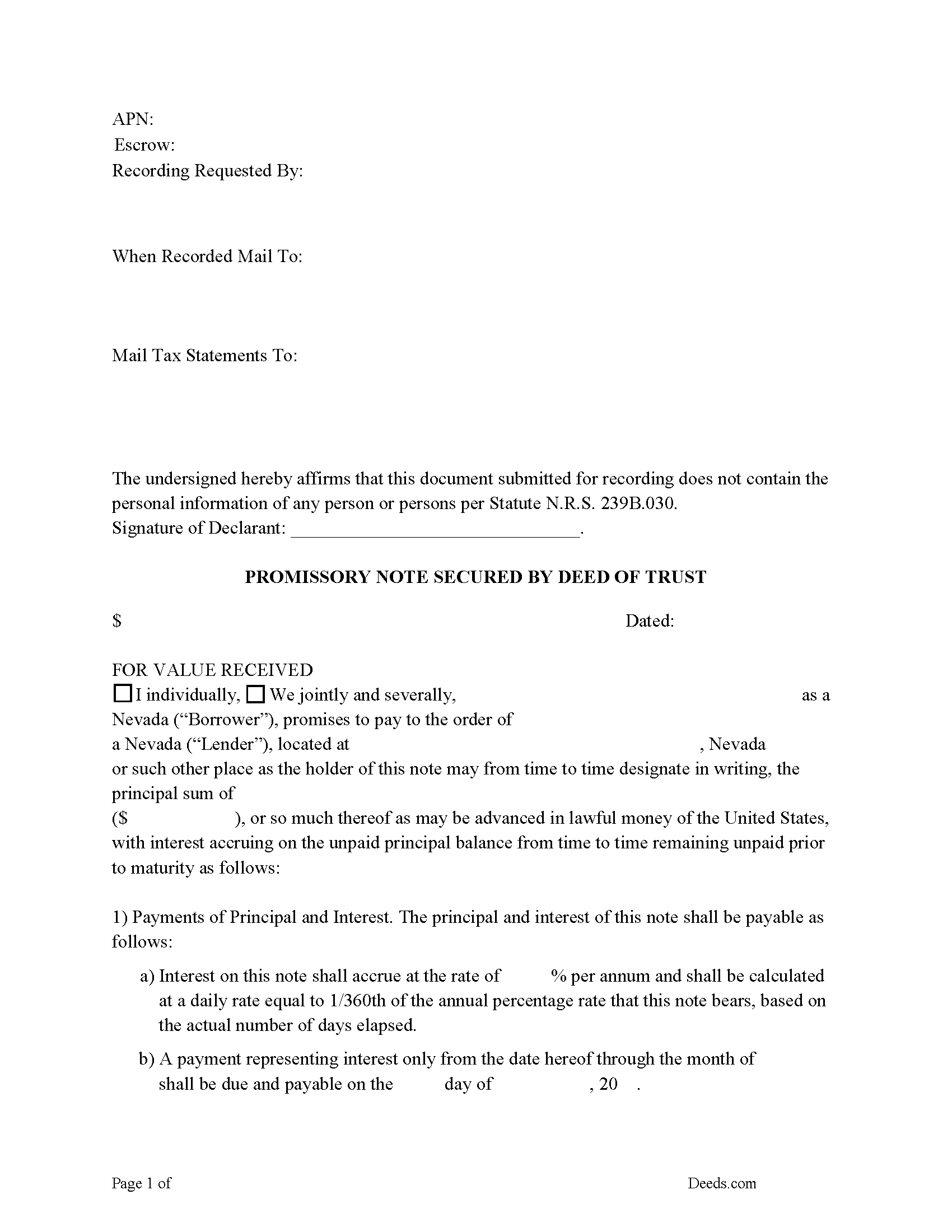 Nye County Promissory Note Form