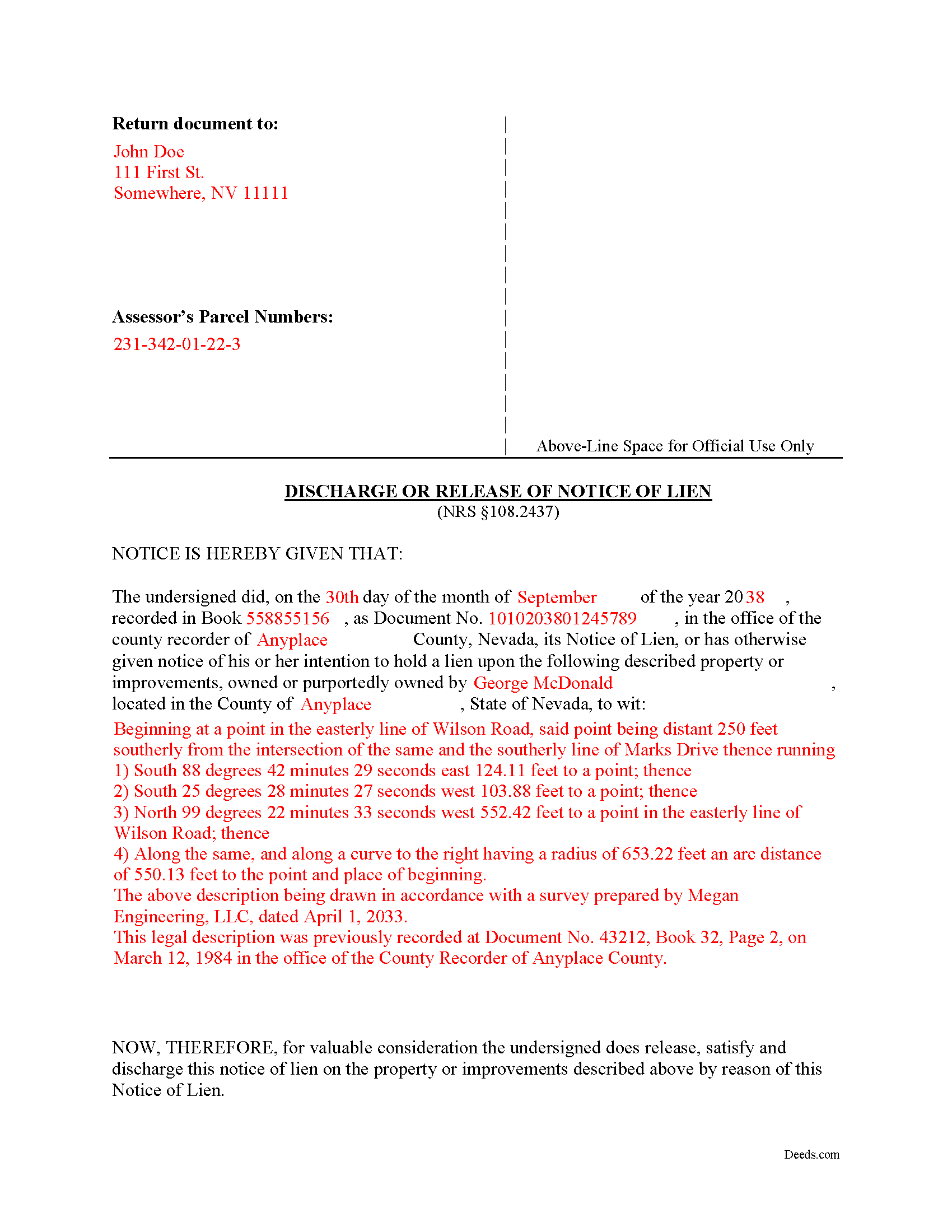 Completed Example of the Discharge of Lien Document