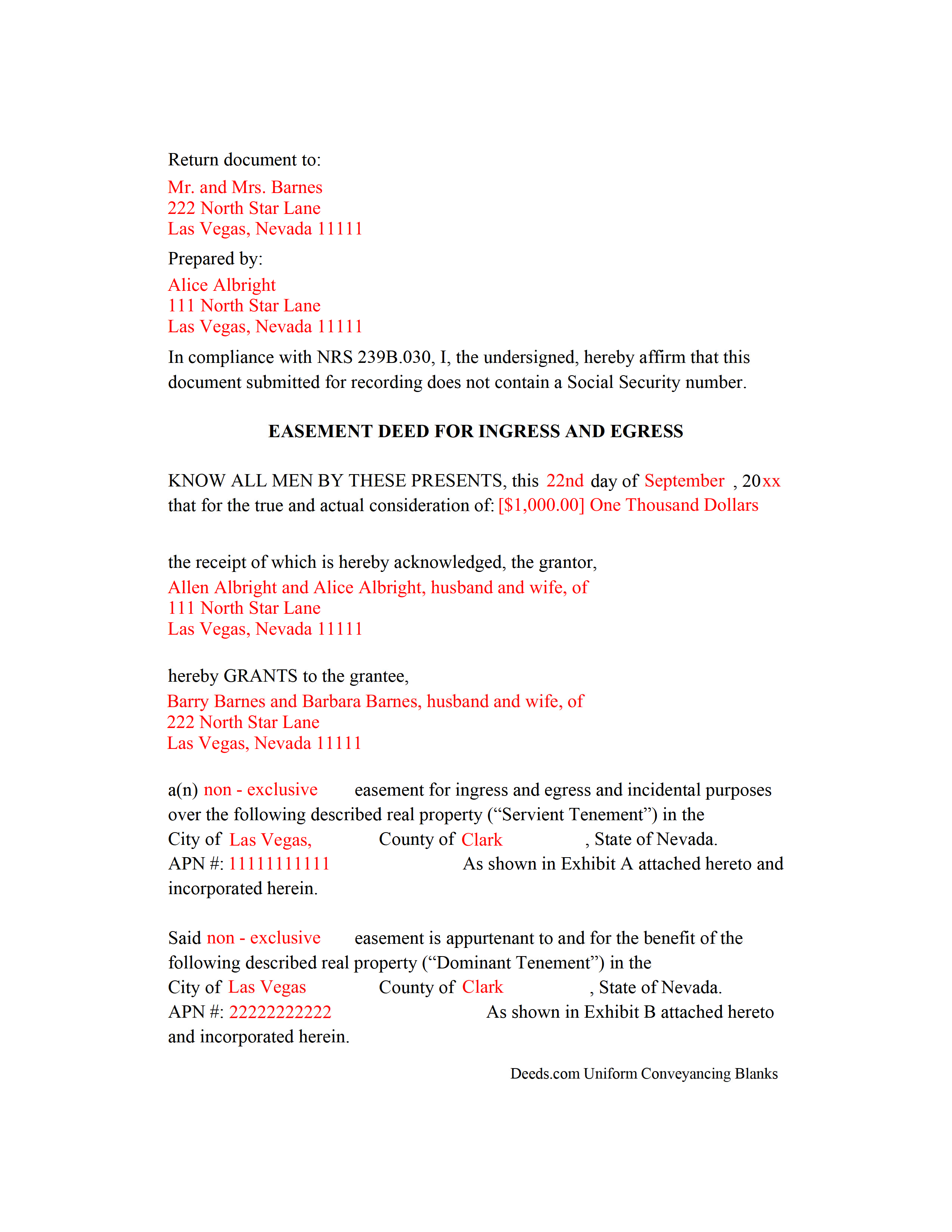 Nye County Completed Example of the Easement Deed Document