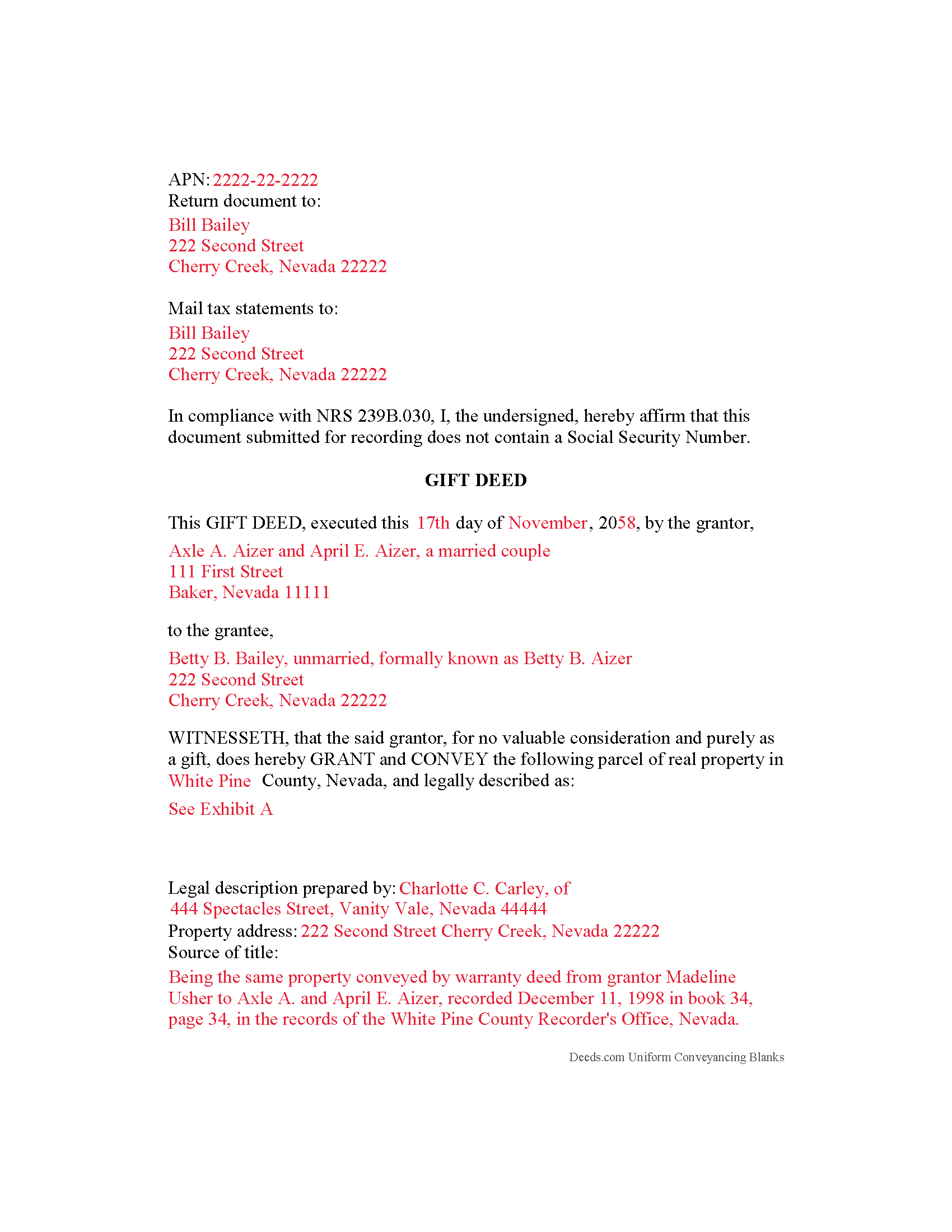 Nye County Completed Example of the Gift Deed Document