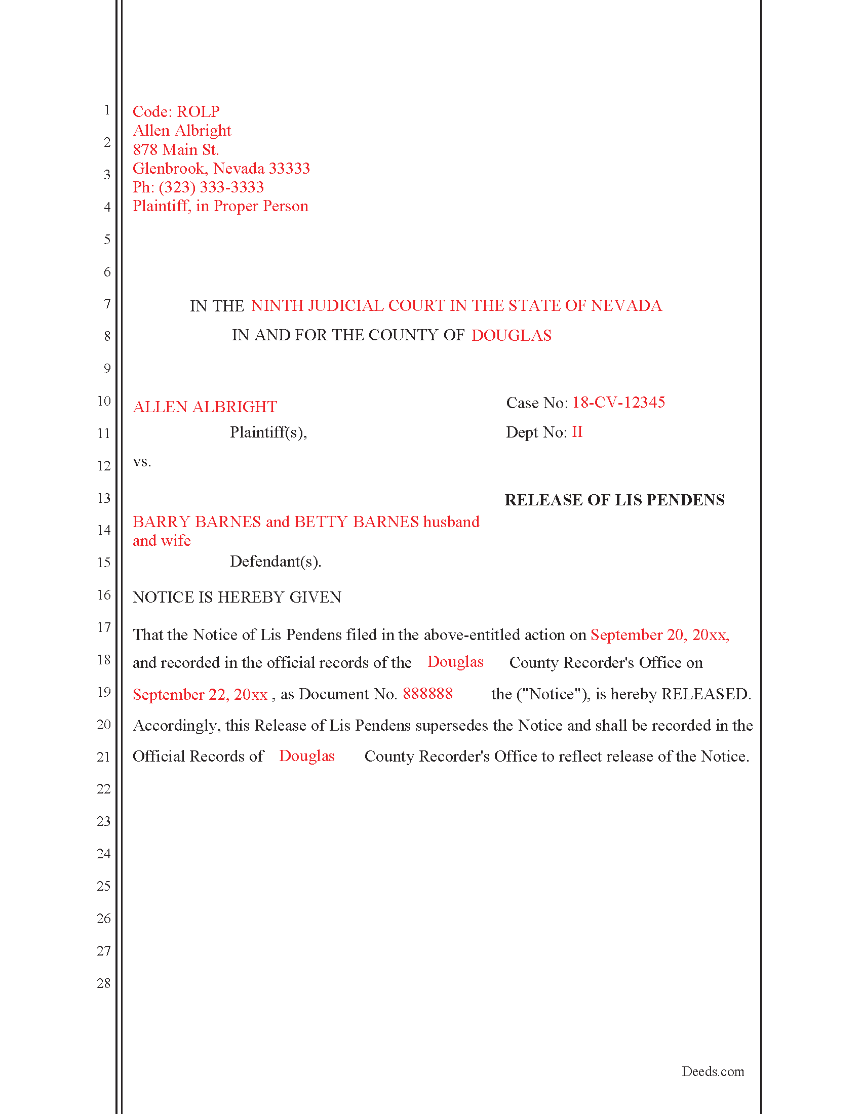 Lincoln County Completed Example of the Lis Pendens Release Document