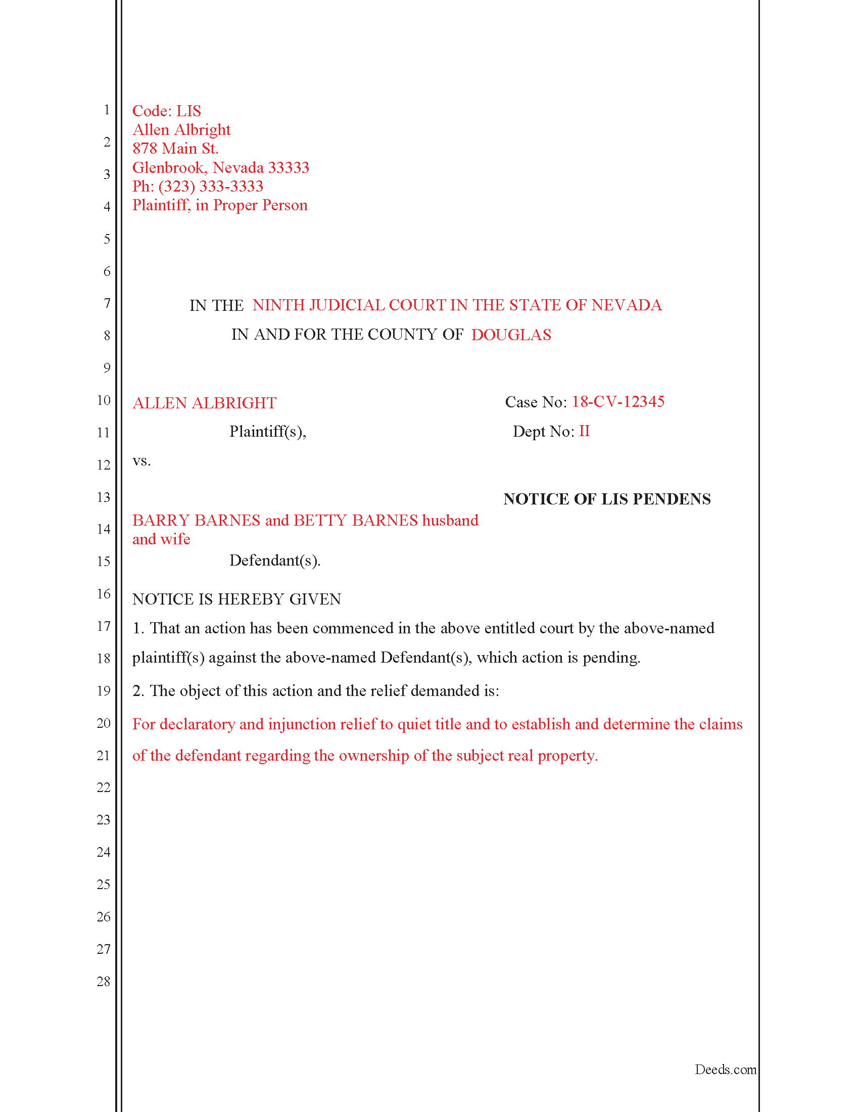 Nye County Completed Example of the Lis Pendens Document