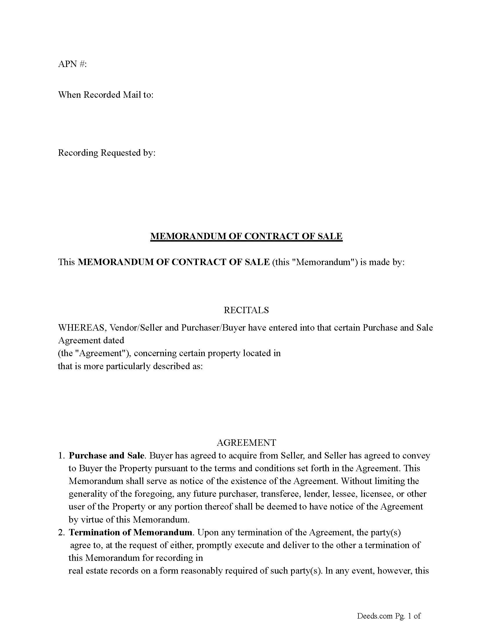 Nye County Memorandum of Contract of Sale Form