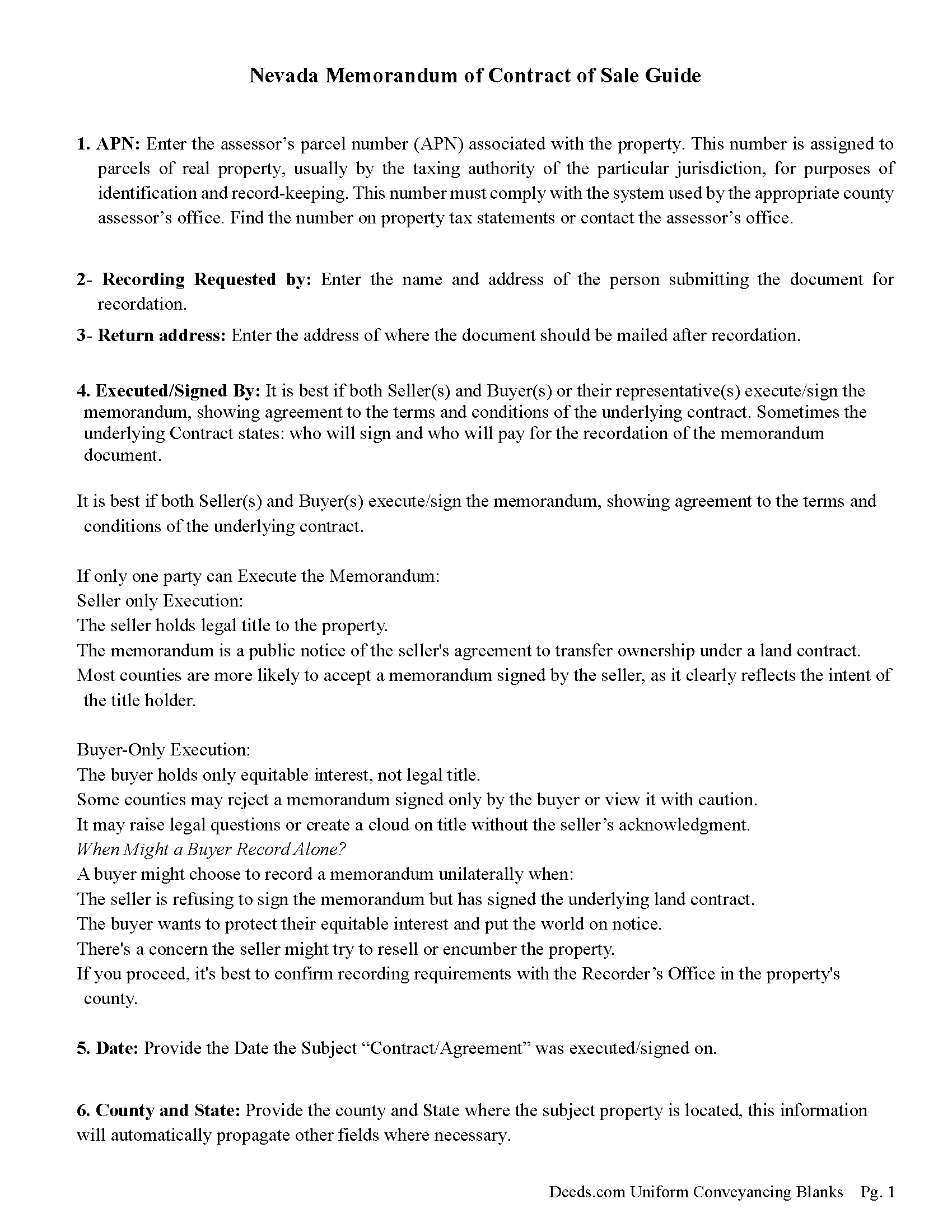 Nye County Memorandum of Contract of Sale Guide