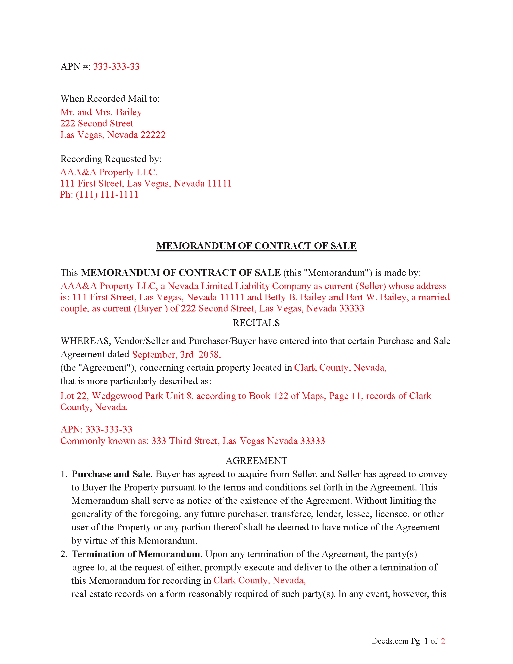 Nye County Completed Example of the Memorandum of Contract of Sale Document