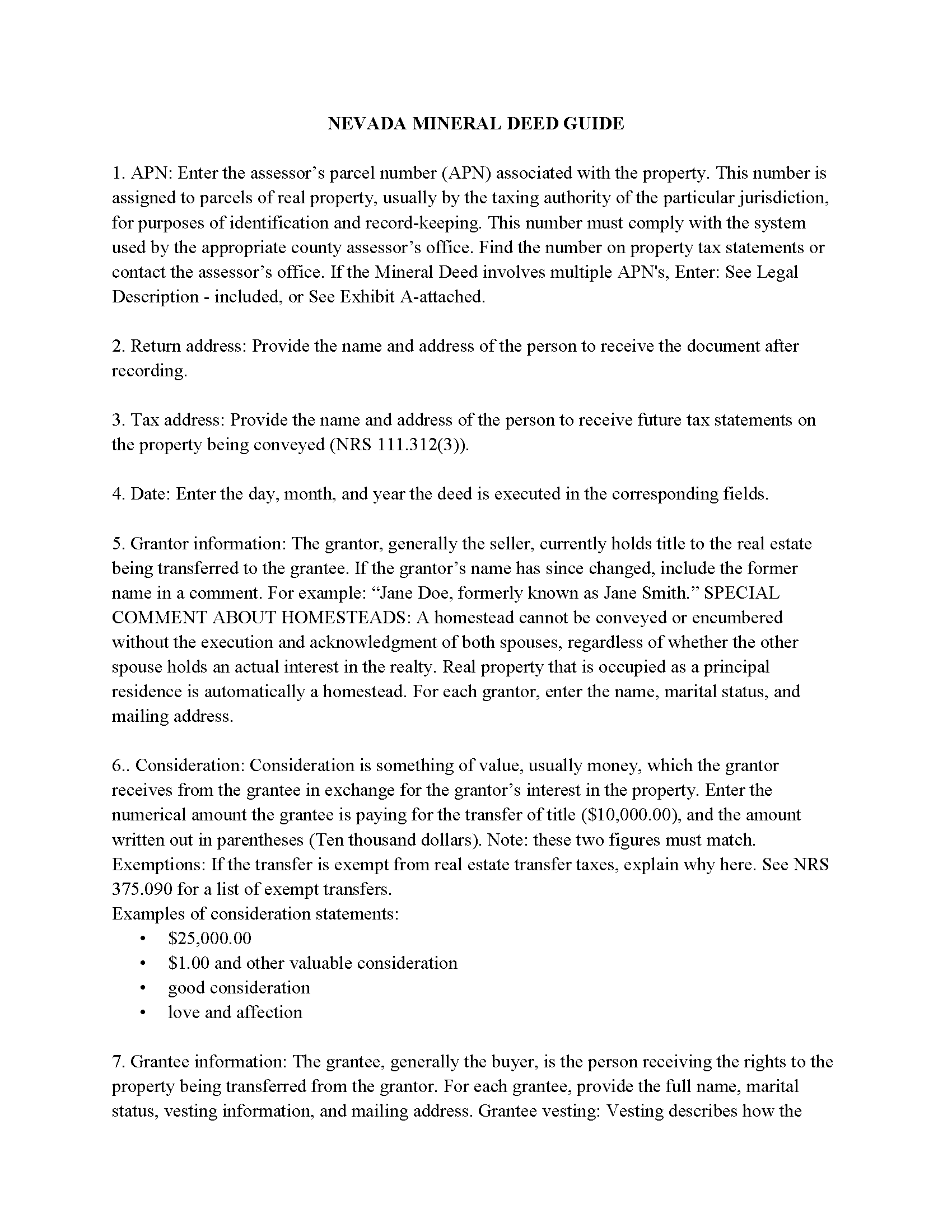 Nye County Guidelines for Mineral Deed