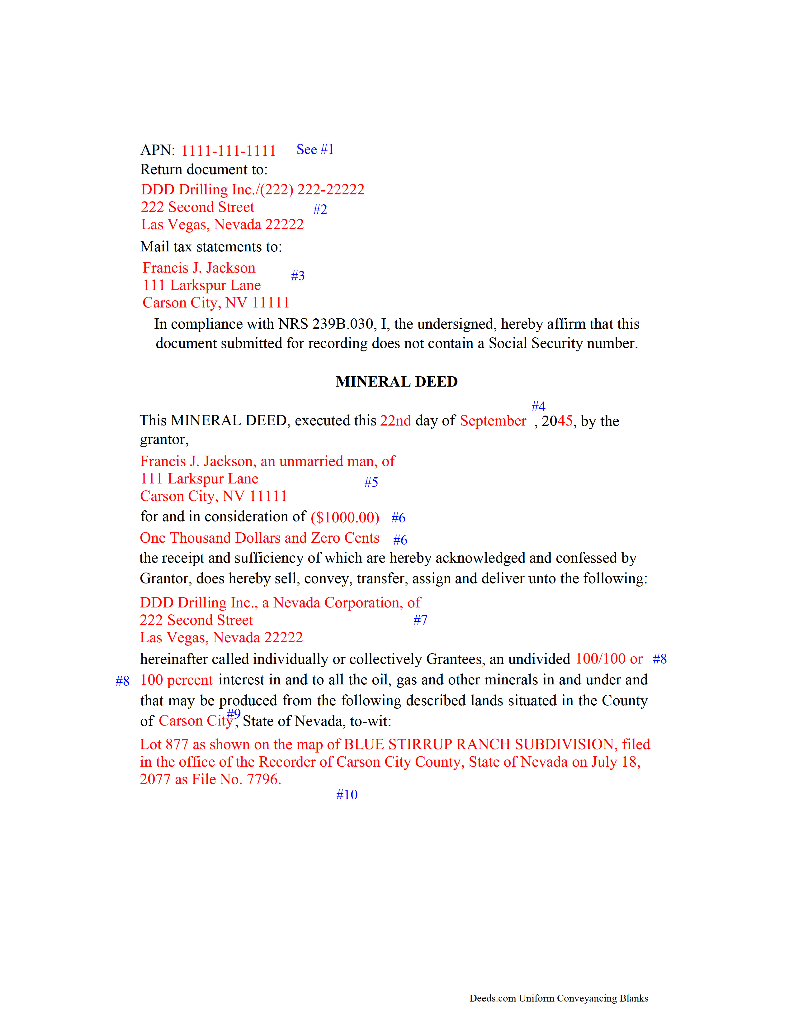 Nye County Completed Example of a Mineral Deed Document