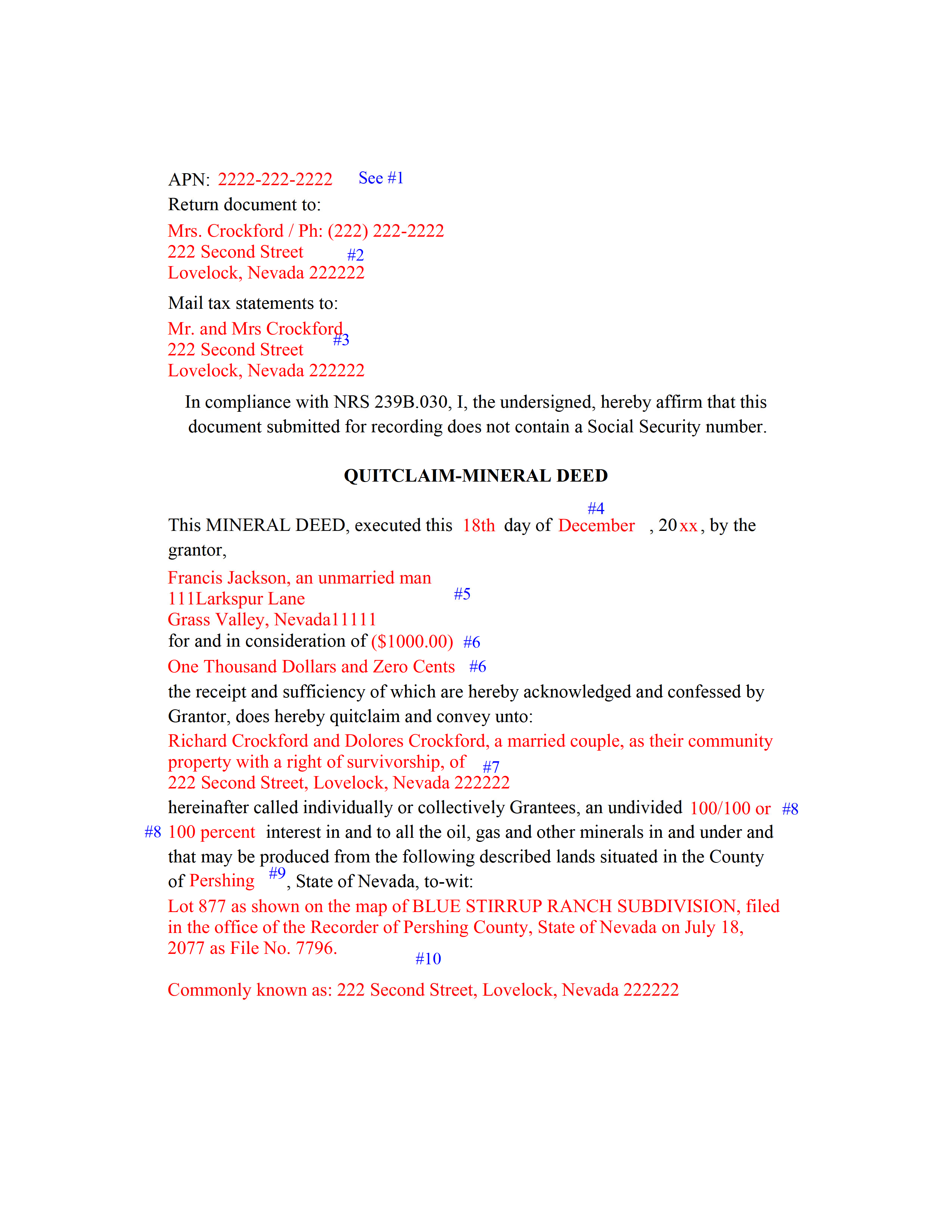 Nye County Completed Example of the Mineral Quitclaim Deed Document