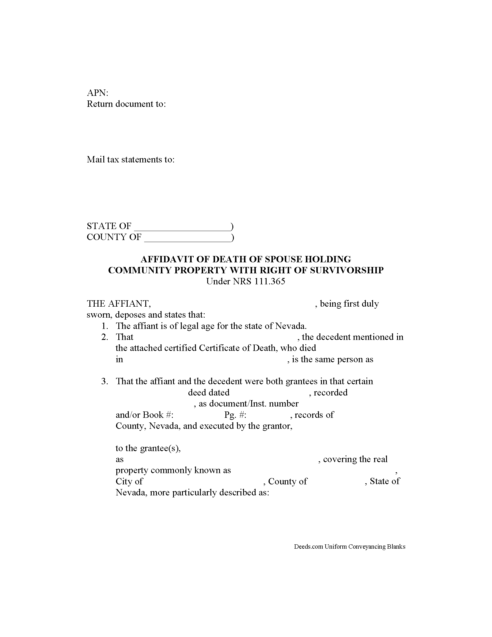Nevada Affidavit of Death of Spouse Holding Community Property Image