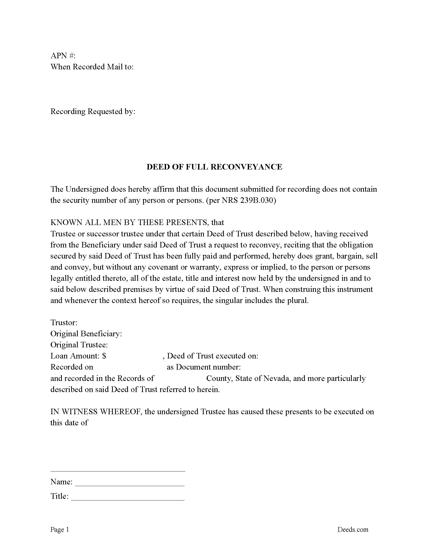 Nevada Deed of Full Reconveyance Image