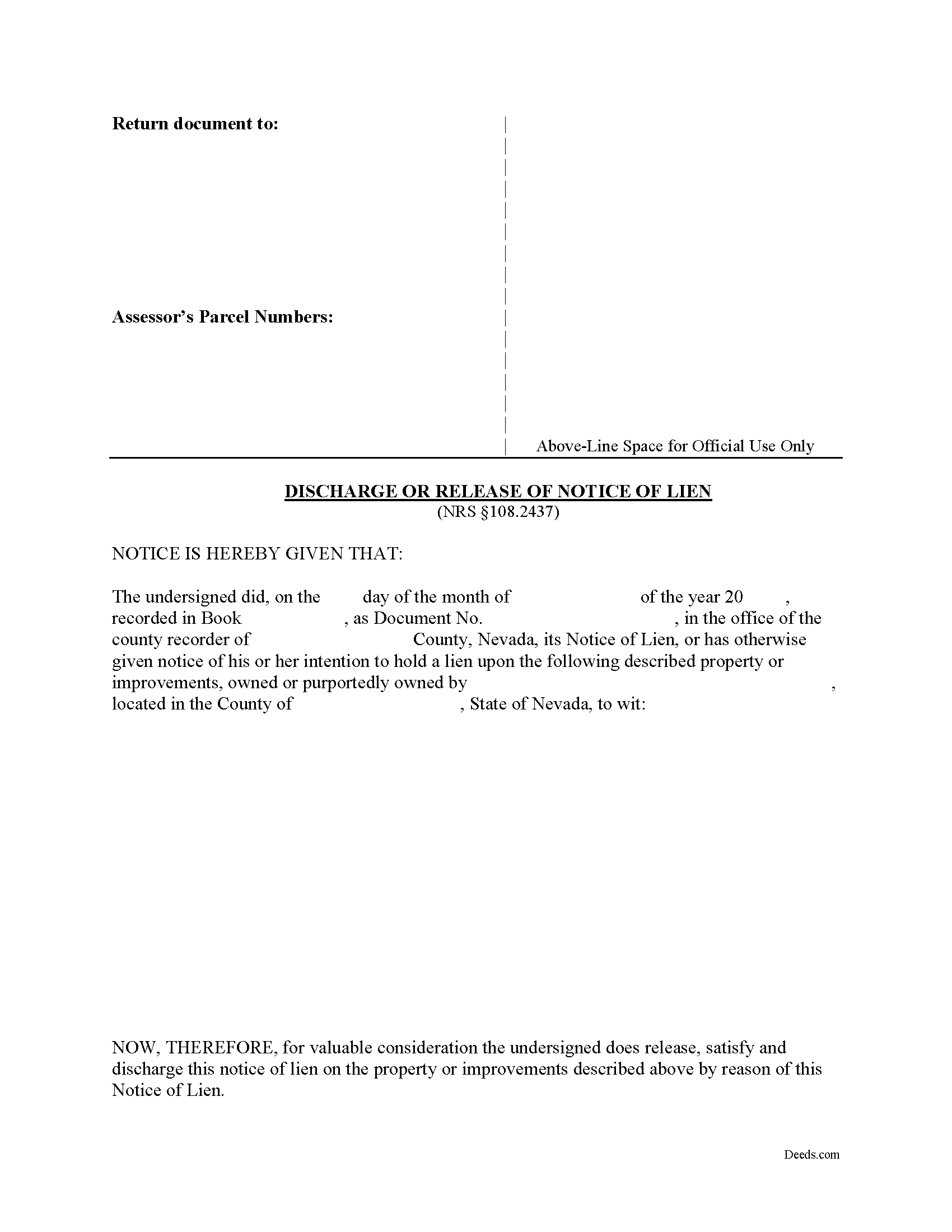 Nevada Discharge of Lien Image
