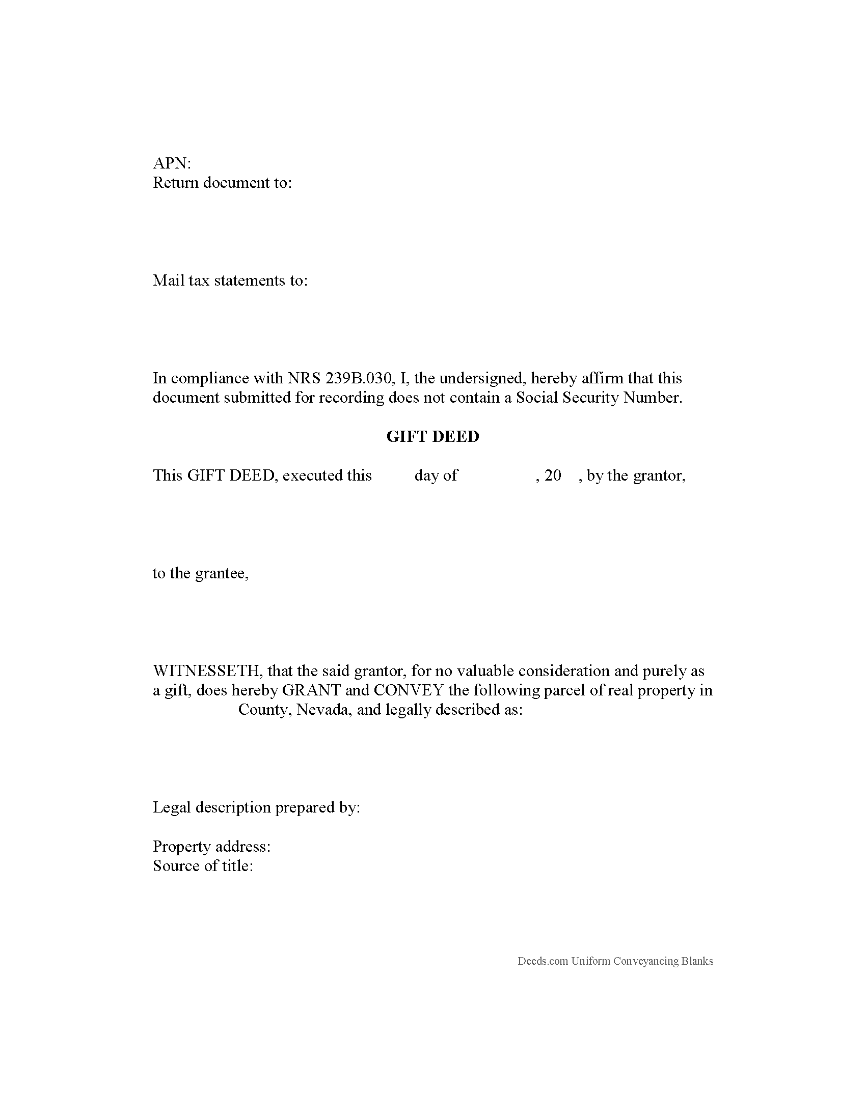 Nevada Gift Deed Image