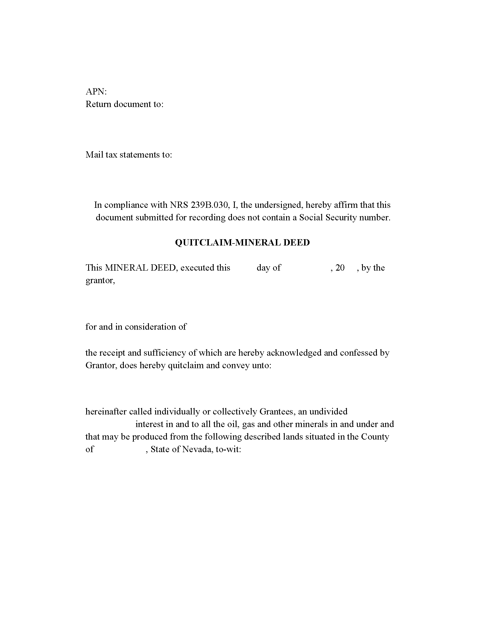 Nevada Mineral Quitclaim Deed Image