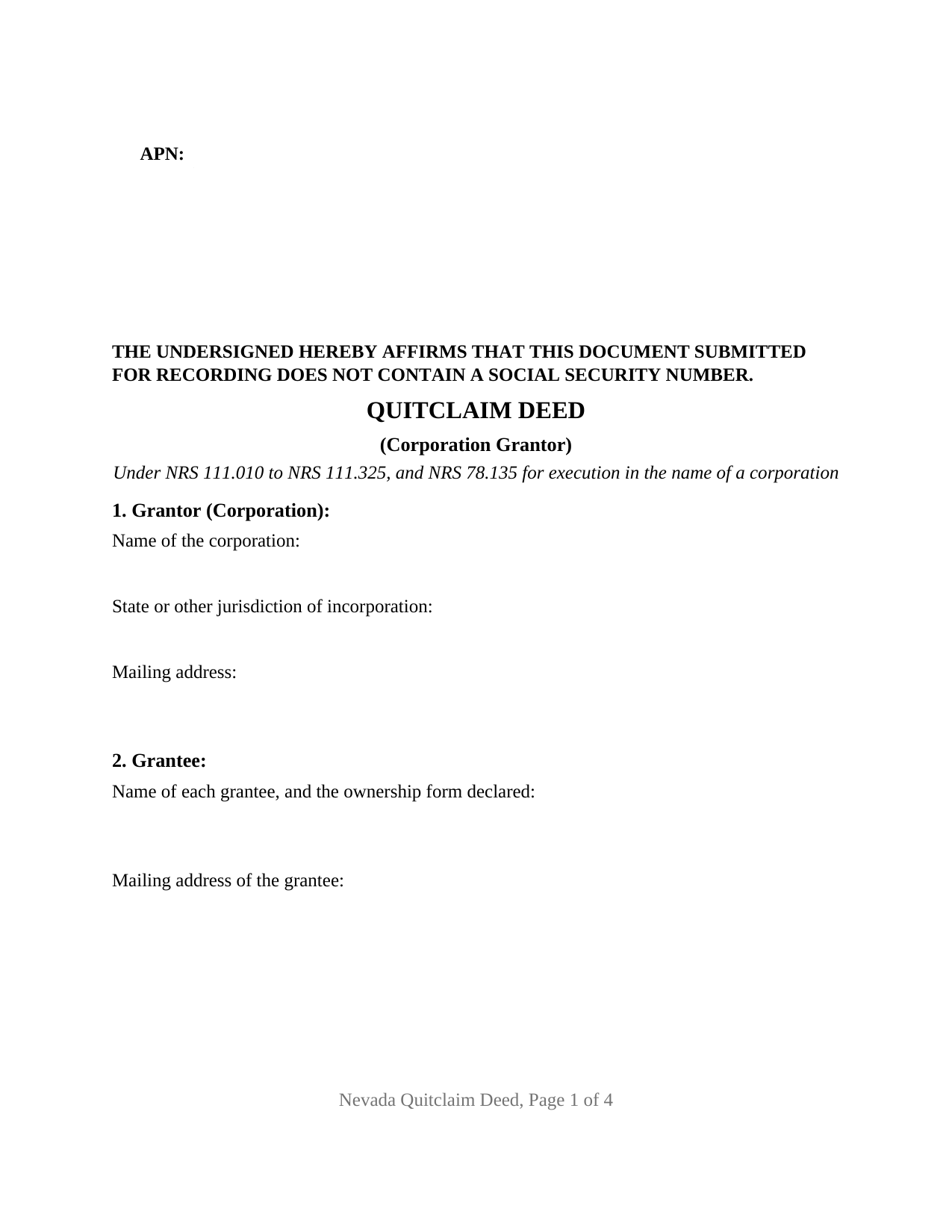 Nevada Quitclaim Deed (Corporation Grantor)