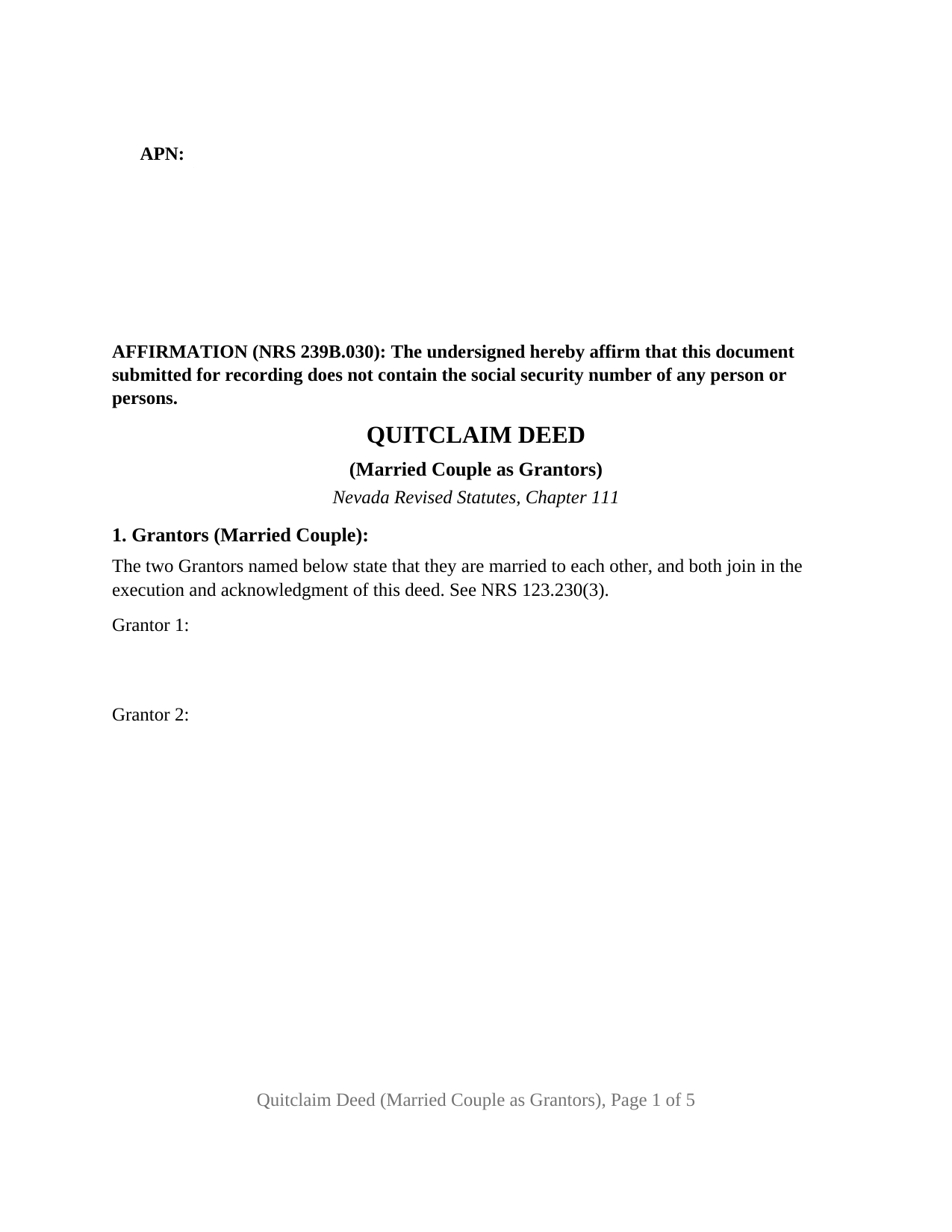 Nevada Quitclaim Deed (Married Couple as Grantors)