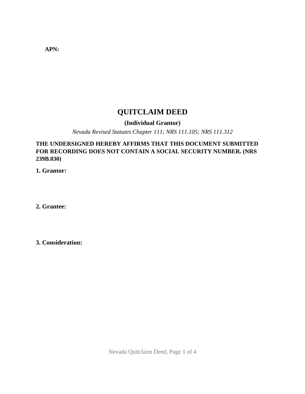 Nevada Quitclaim Deed (Individual Grantor)