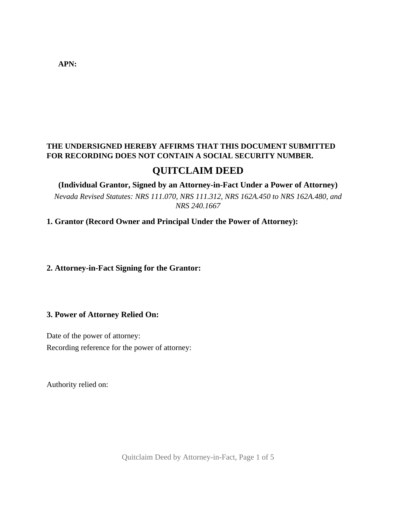 Nevada Quitclaim Deed (Individual Grantor by Attorney-in-Fact)
