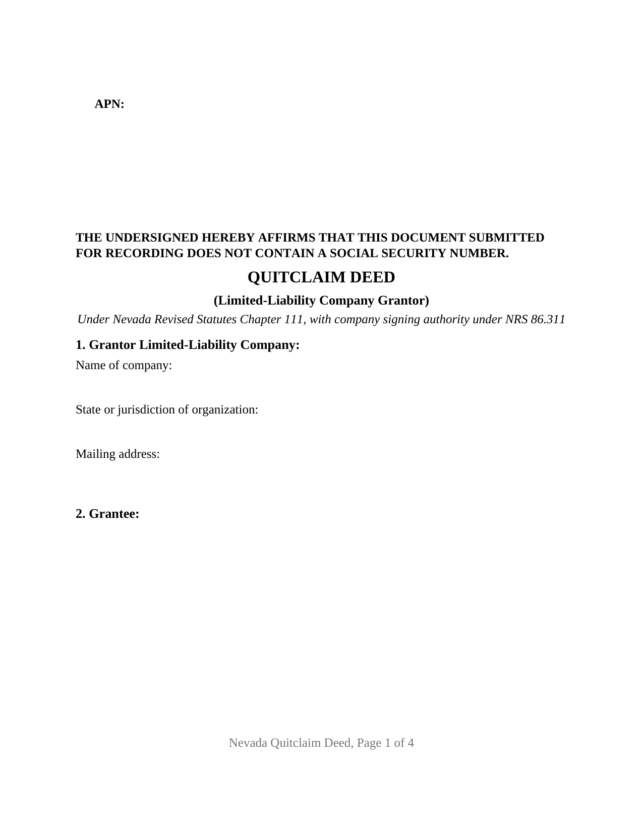 Nevada Quitclaim Deed (LLC Grantor)