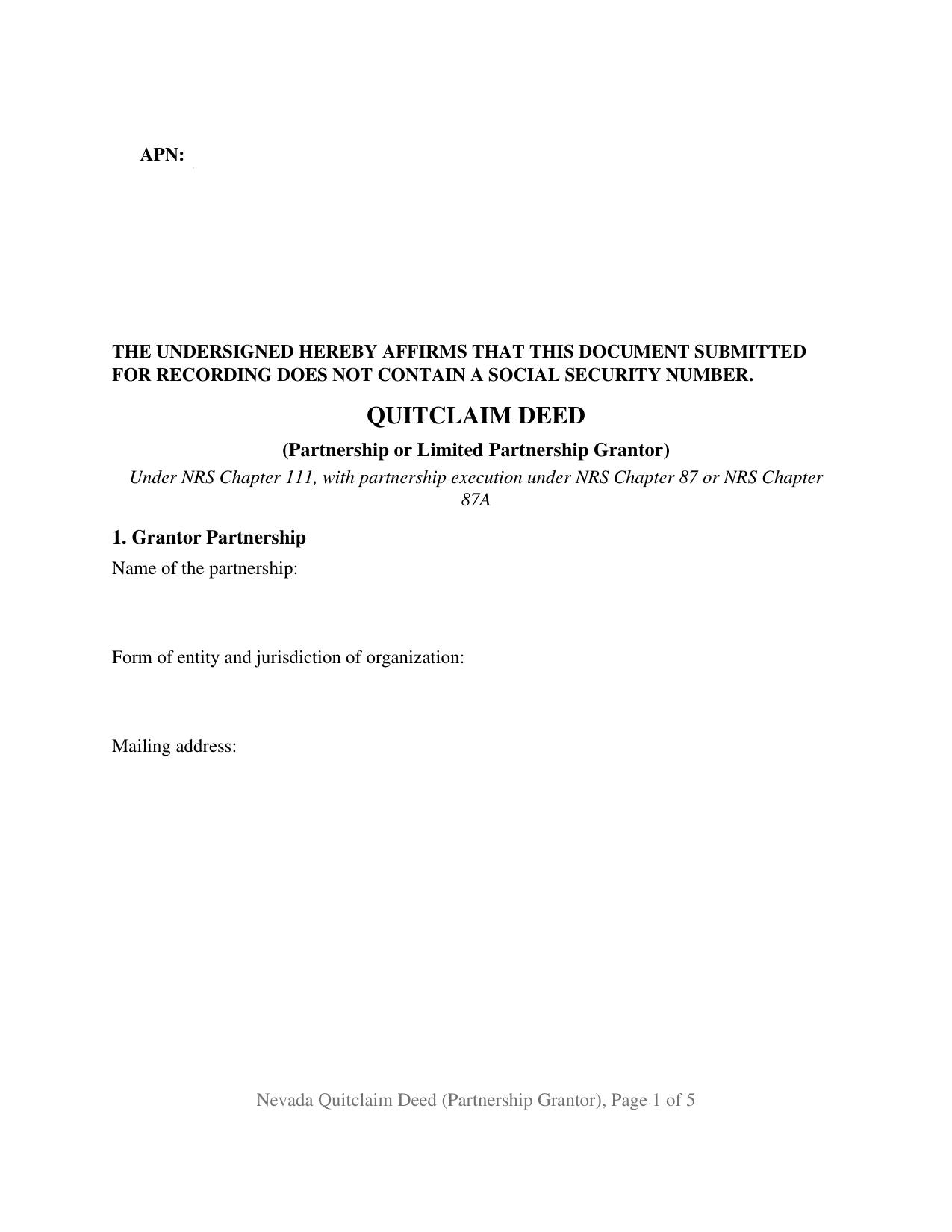 Nevada Quitclaim Deed (Partnership or Limited Partnership Grantor)