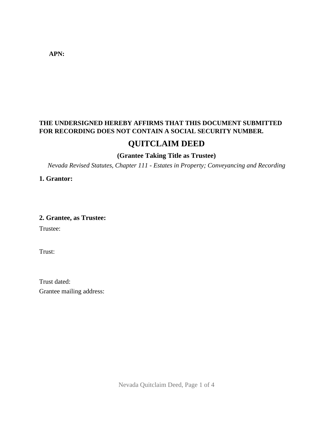 Nevada Quitclaim Deed (Trustee Grantee)