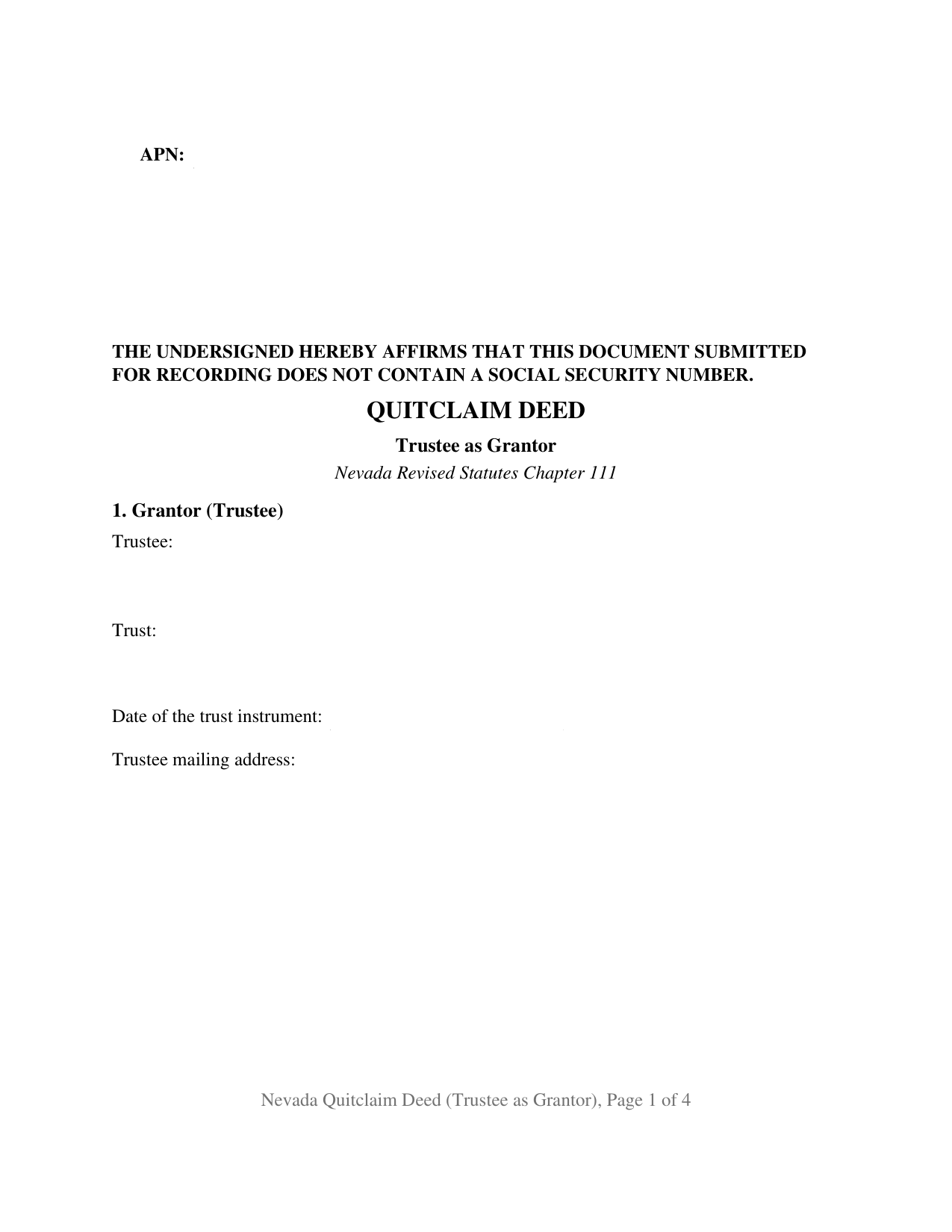 Nevada Quitclaim Deed (Trustee Grantor)