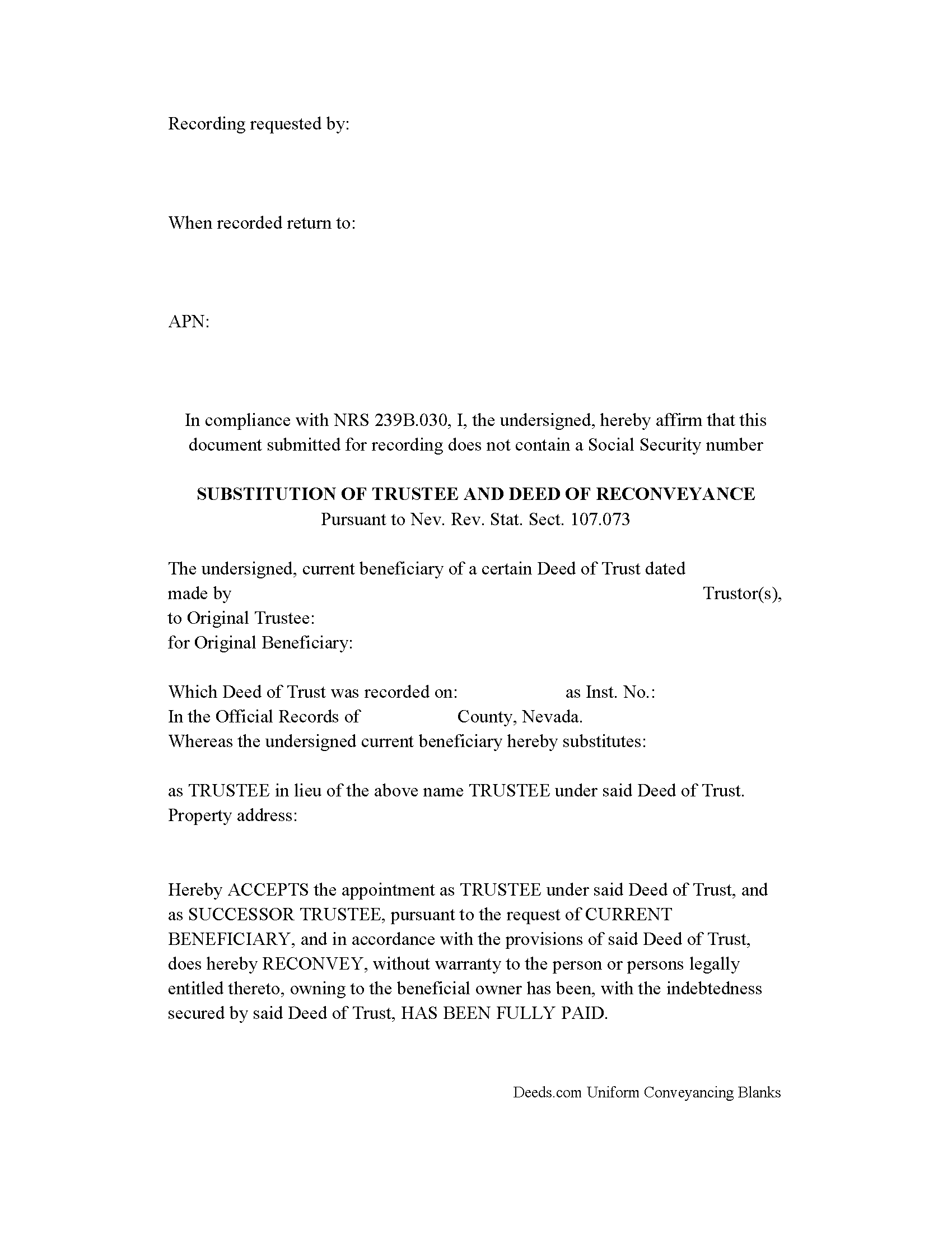 Nevada Substitution of Trustee and Deed of Reconveyance (For Deed of Trust)